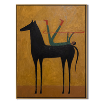 Distant Light – gold and brown and black modern western equestrian art, vertical hand-painted canvas art – view 1