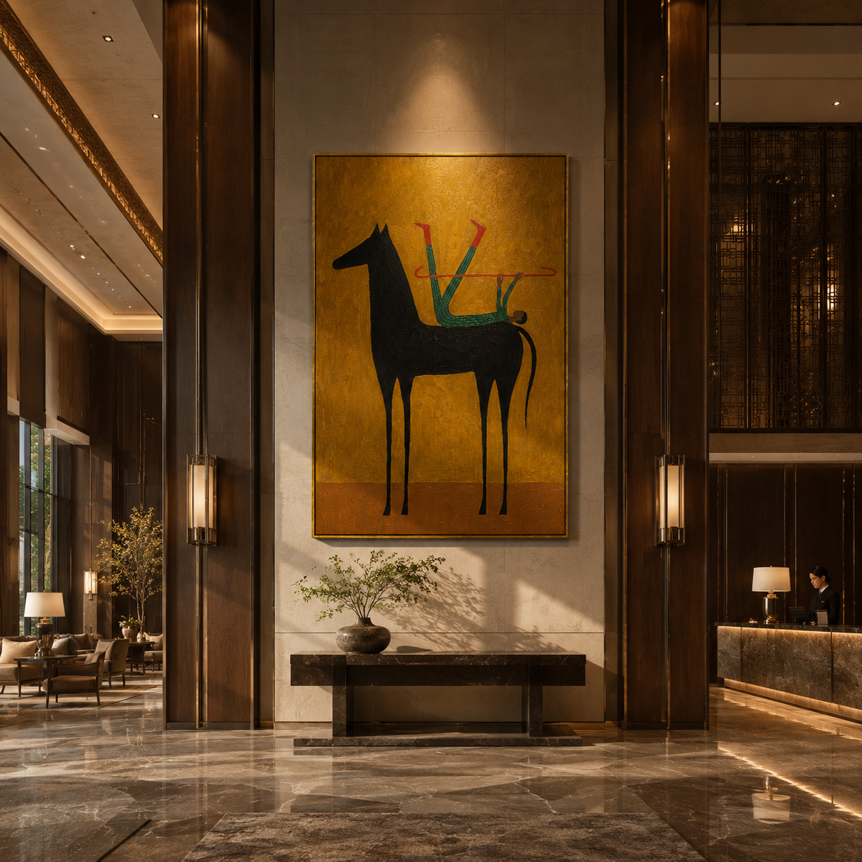 Distant Light – gold and brown and black modern western equestrian art, vertical hand-painted canvas art – view 2