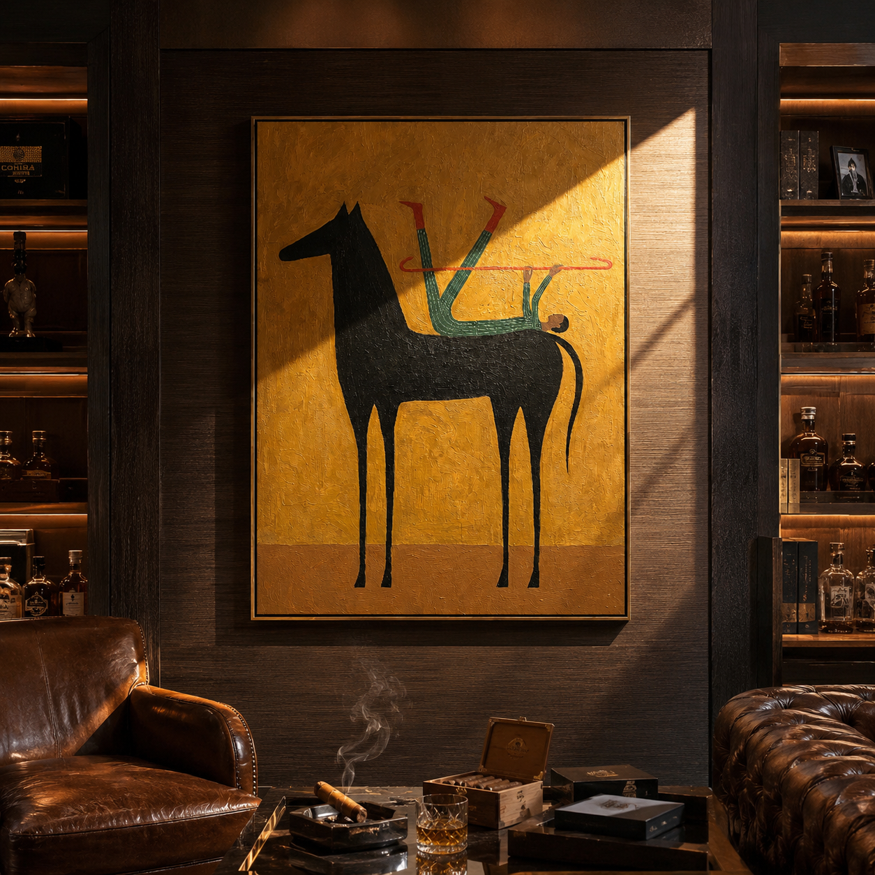 Distant Light – gold and brown and black modern western equestrian art, vertical hand-painted canvas art – view 3