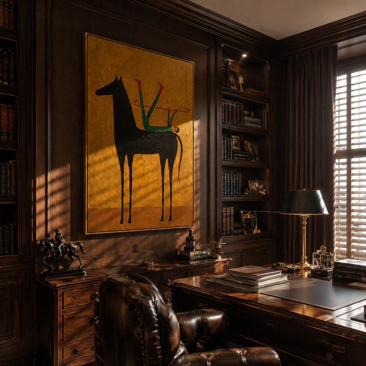 Distant Light – gold and brown and black modern western equestrian art, vertical hand-painted canvas art – view 4
