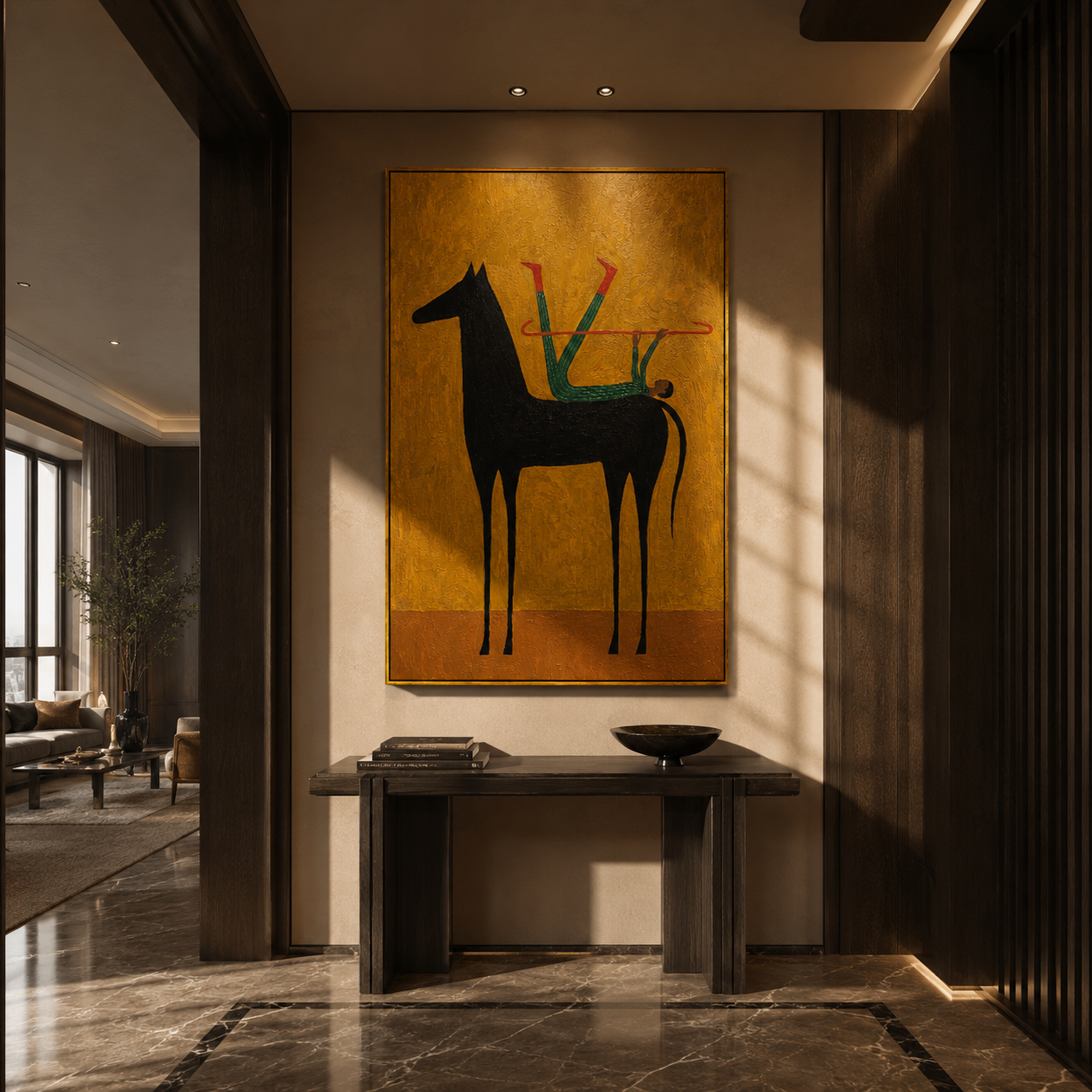 Distant Light – gold and brown and black modern western equestrian art, vertical hand-painted canvas art – view 6