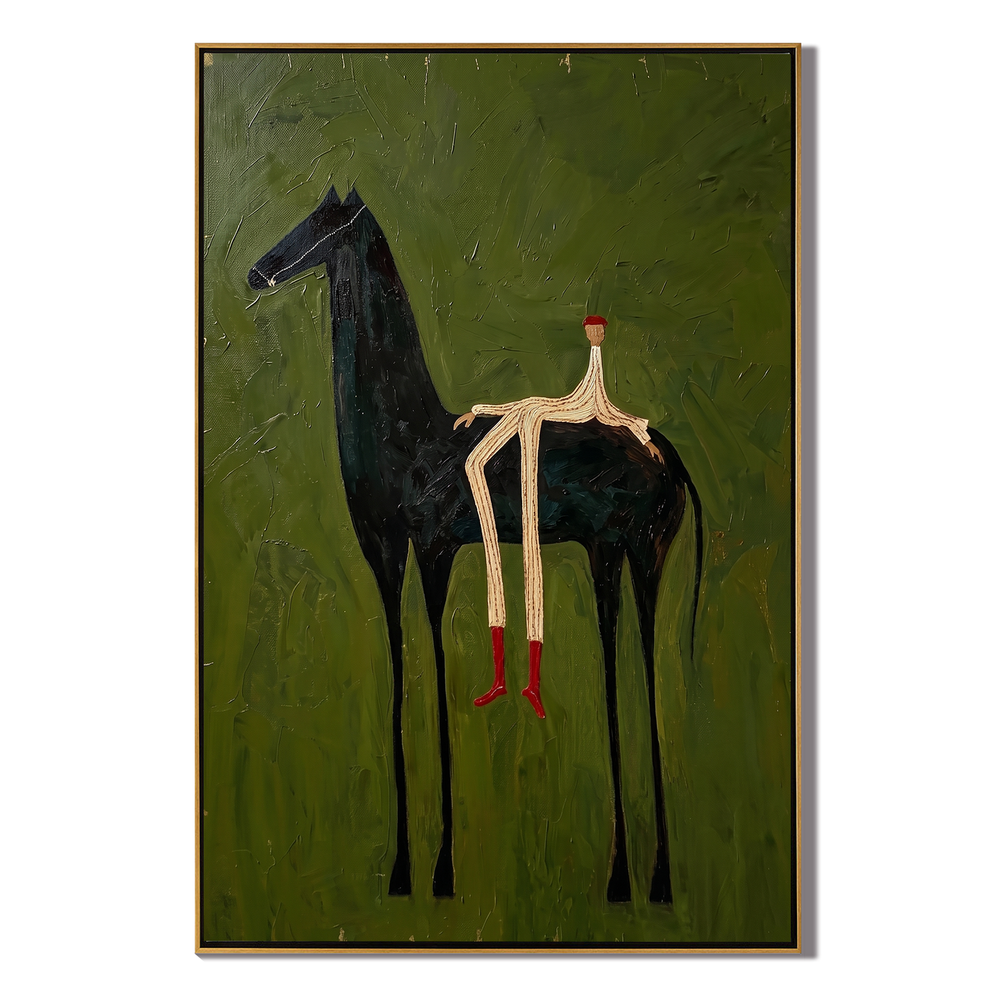 Hidden Trail – green and black modern western equestrian art, vertical hand-painted canvas art – view 1