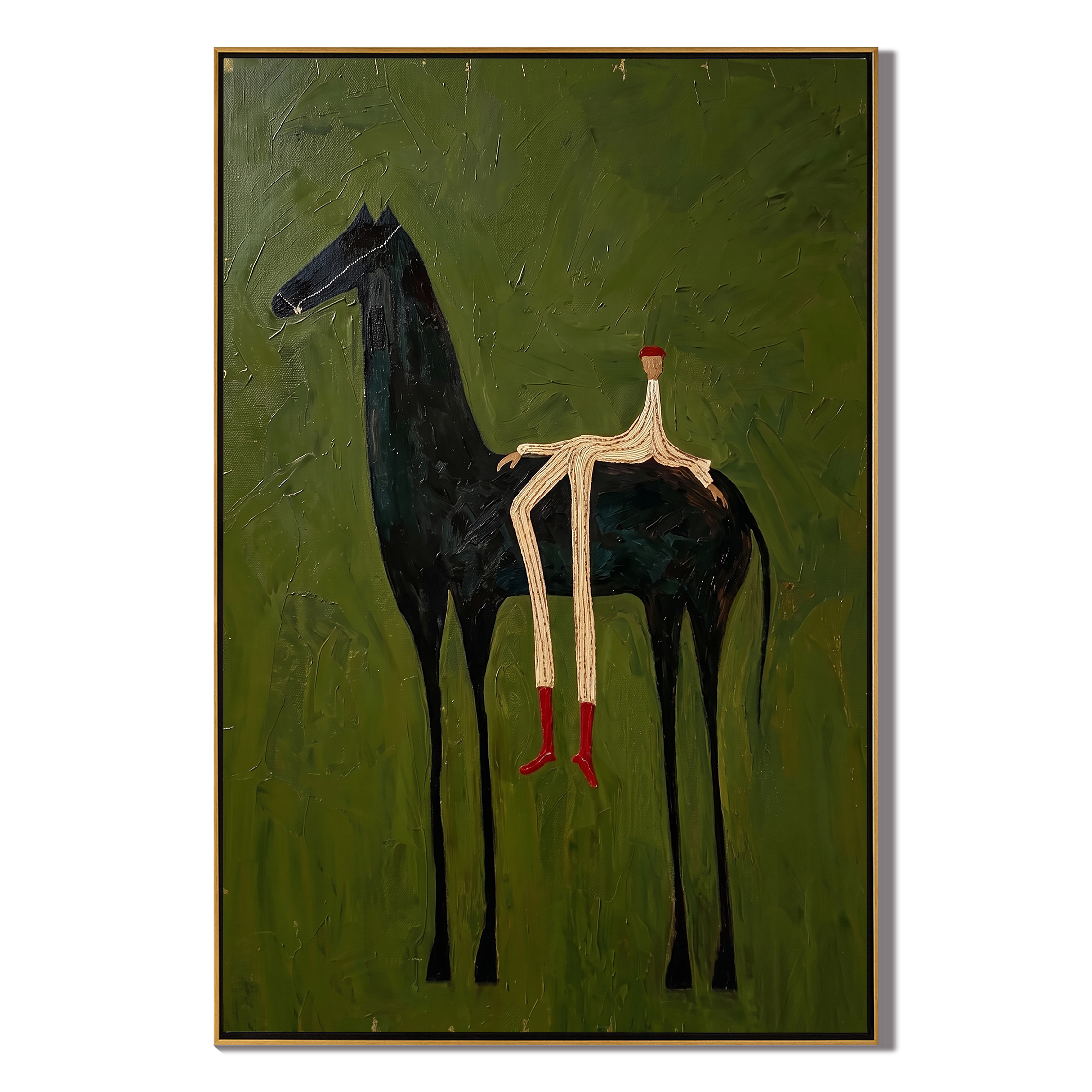 Hidden Trail – green and black modern western equestrian art, vertical hand-painted canvas art – view 1