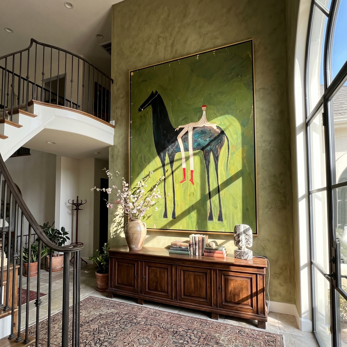 Hidden Trail – green and black modern western equestrian art, vertical hand-painted canvas art – view 2