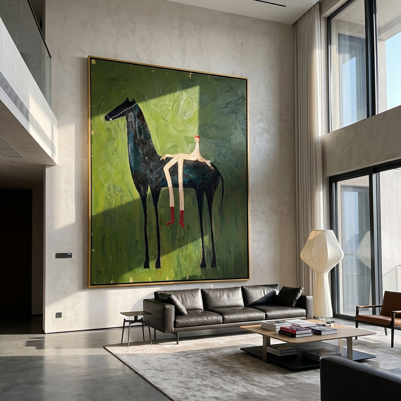 Hidden Trail – green and black modern western equestrian art, vertical hand-painted canvas art – view 3