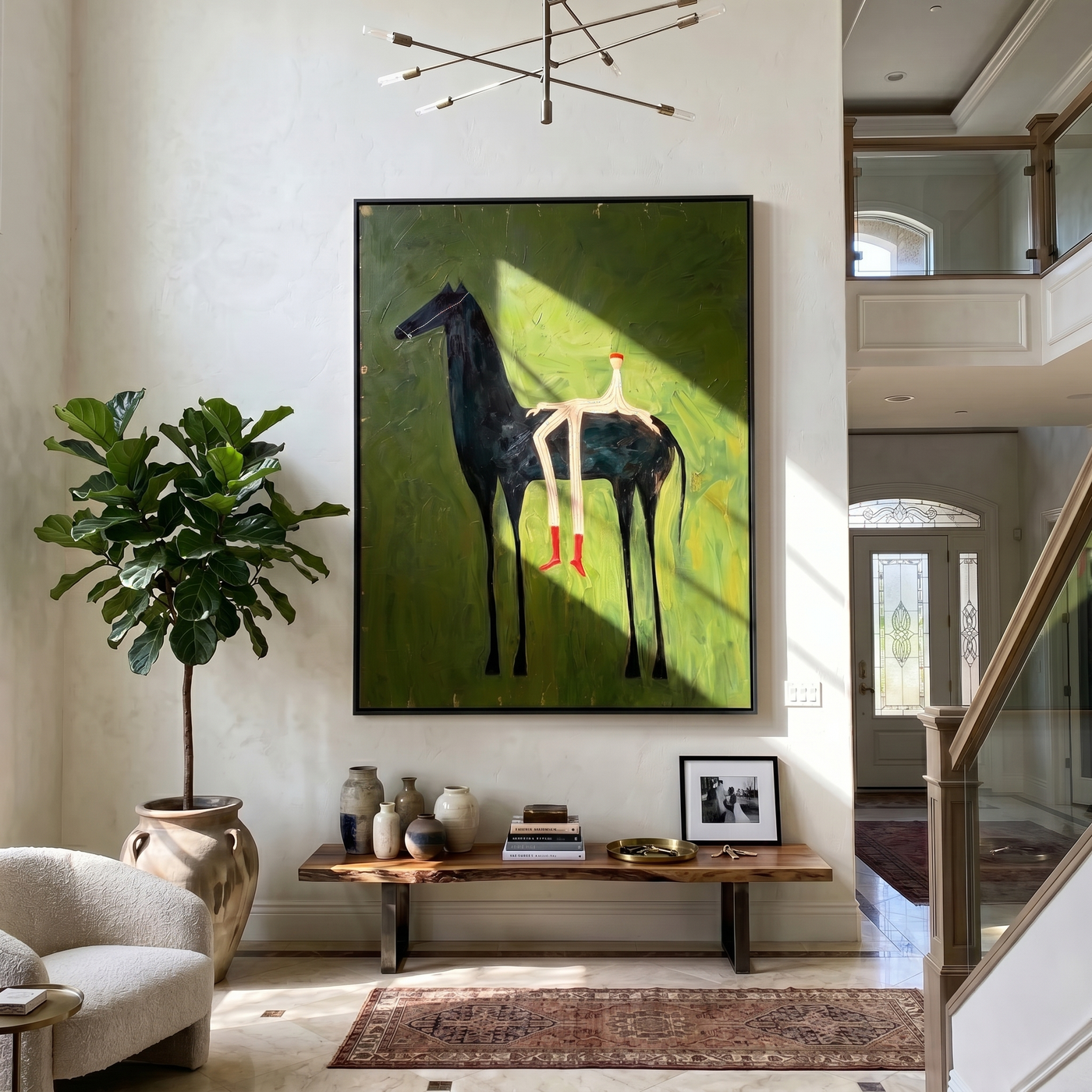 Hidden Trail – green and black modern western equestrian art, vertical hand-painted canvas art – view 4