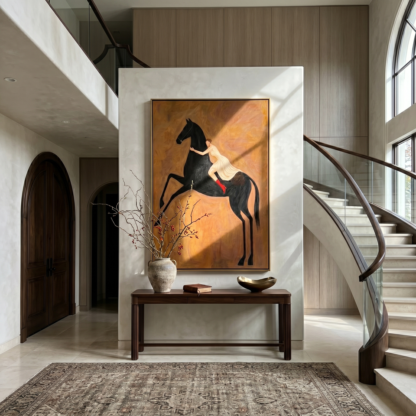 Meadow Crossing – brown and black modern western equestrian art, vertical hand-painted canvas art – view 2