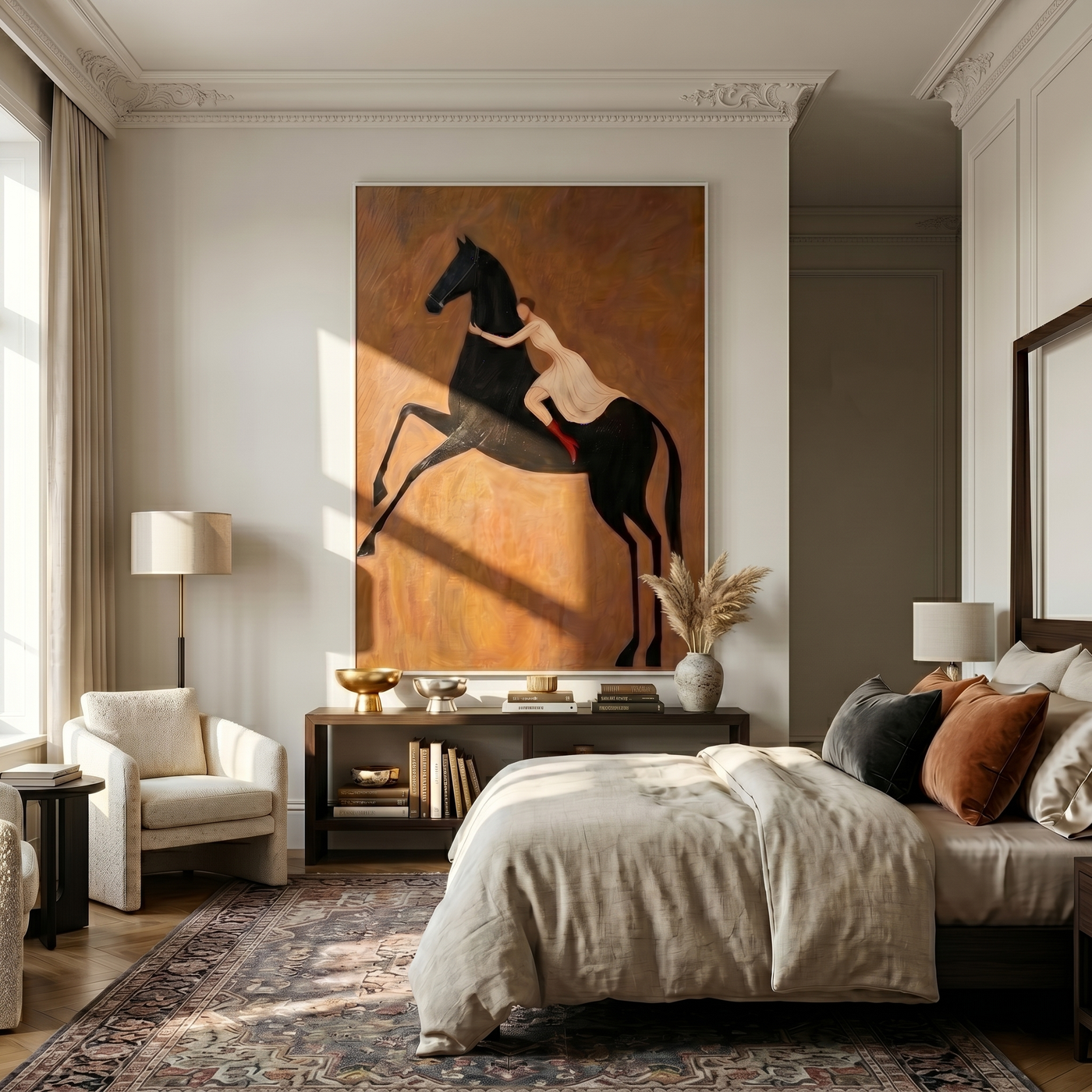Meadow Crossing – brown and black modern western equestrian art, vertical hand-painted canvas art – view 4