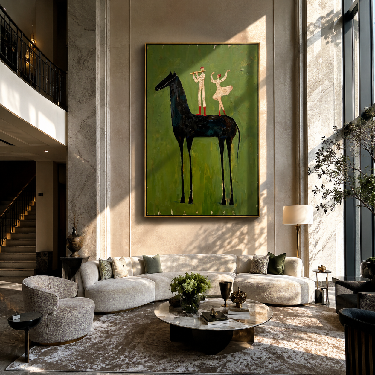 Open Horizon – green and black modern western equestrian art, vertical hand-painted canvas art – view 2