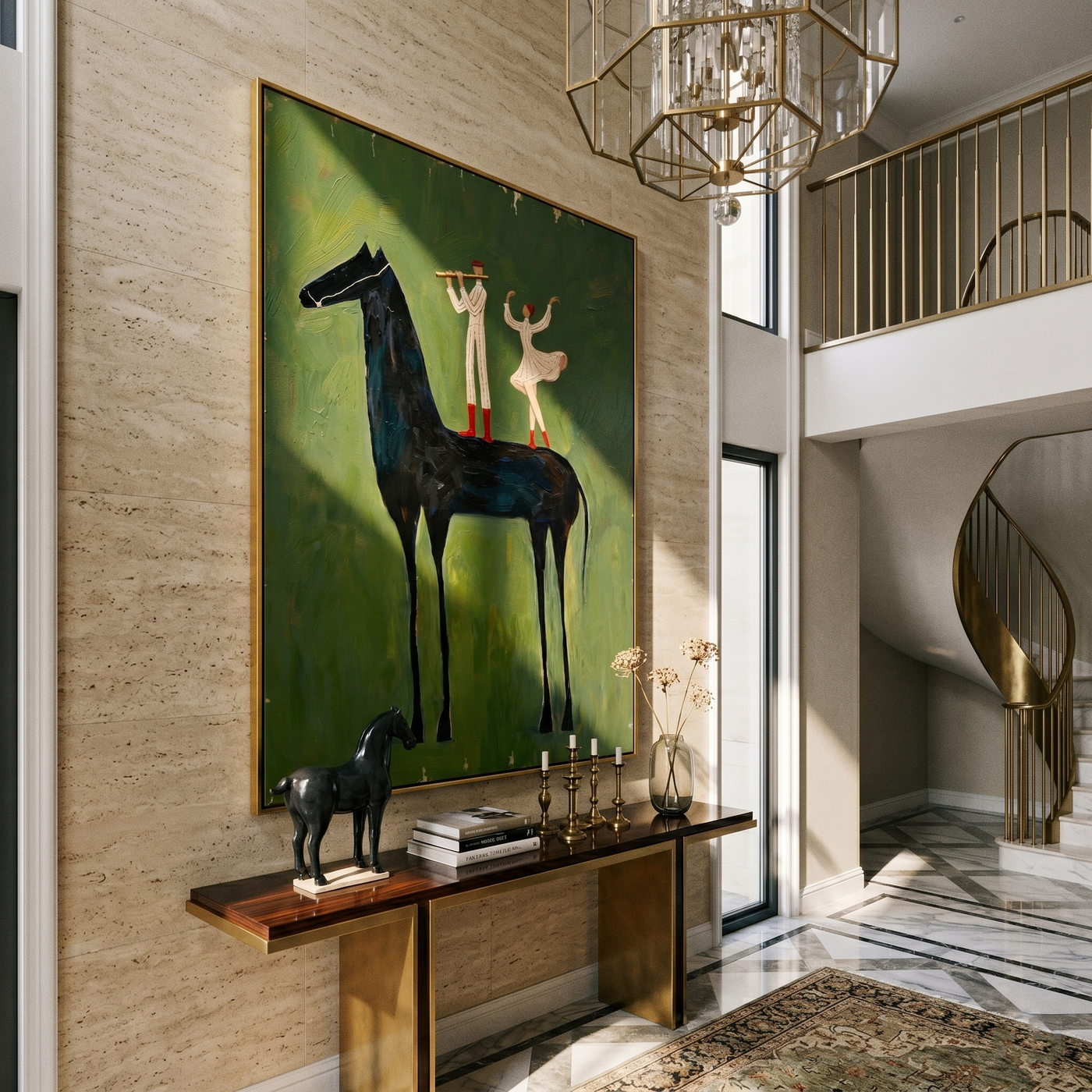 Open Horizon – green and black modern western equestrian art, vertical hand-painted canvas art – view 3