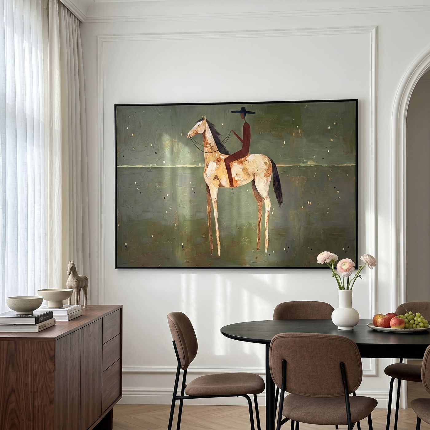 Wild Story – brown and green and gray modern western equestrian art, horizontal hand-painted canvas art – view 2