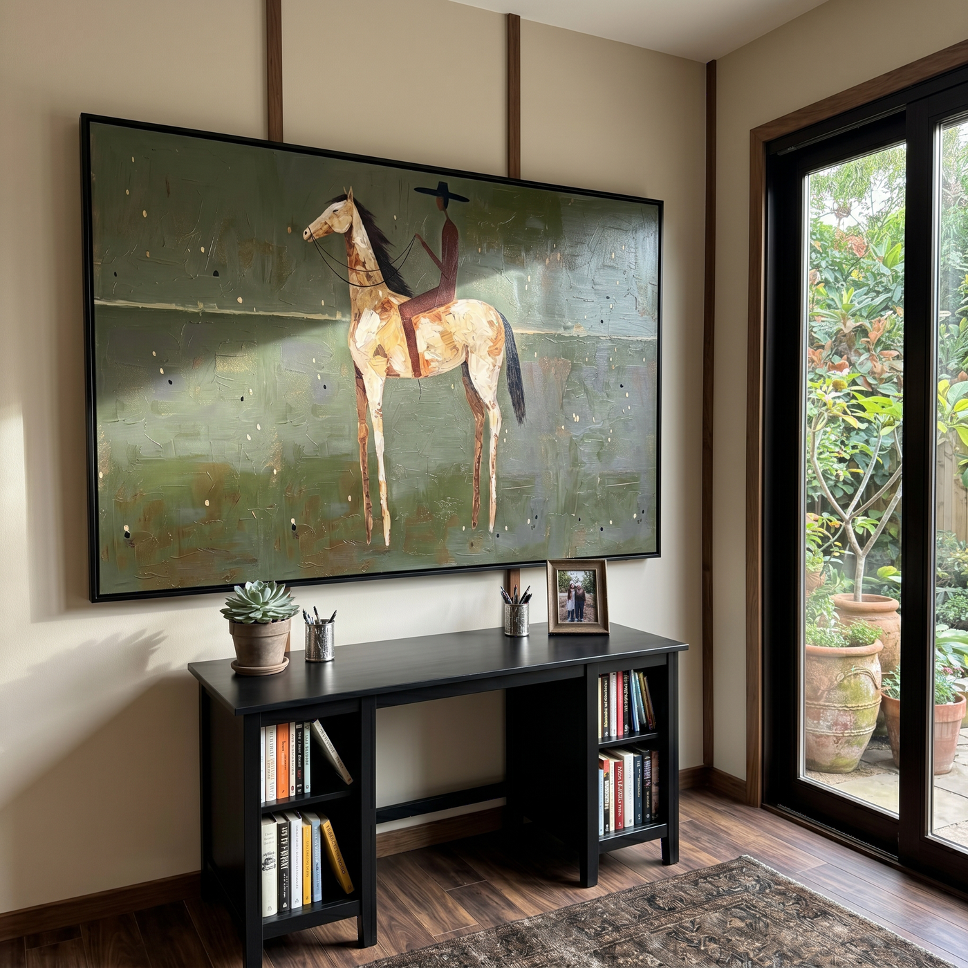 Wild Story – brown and green and gray modern western equestrian art, horizontal hand-painted canvas art – view 3