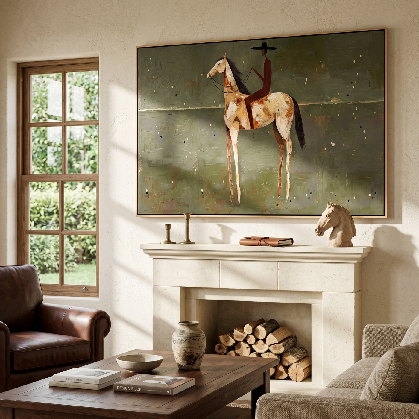 Wild Story – brown and green and gray modern western equestrian art, horizontal hand-painted canvas art – view 4