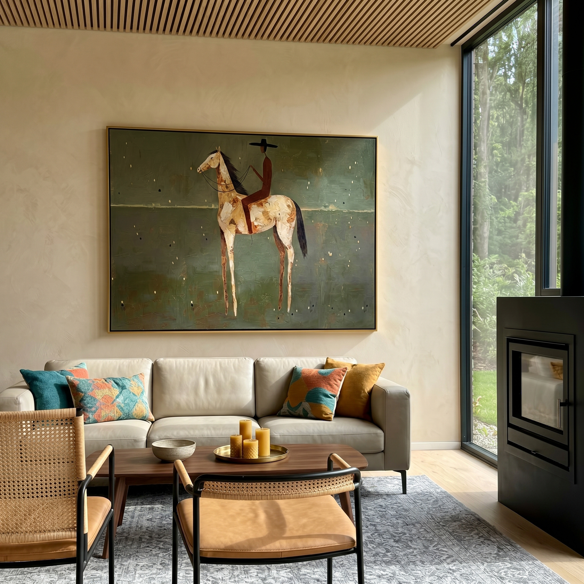 Wild Story – brown and green and gray modern western equestrian art, horizontal hand-painted canvas art – view 5