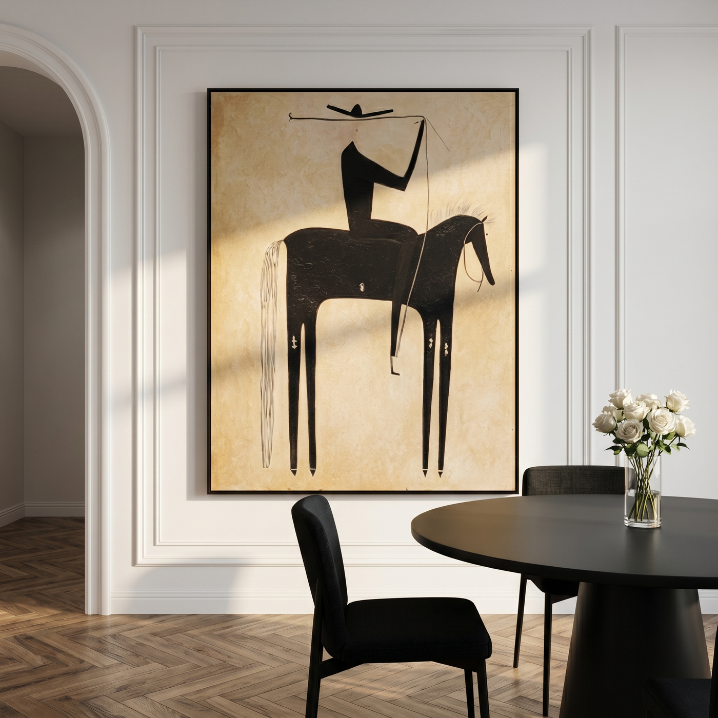 Evening Passage – brown and gold and black modern western equestrian art, vertical hand-painted canvas art – view 2