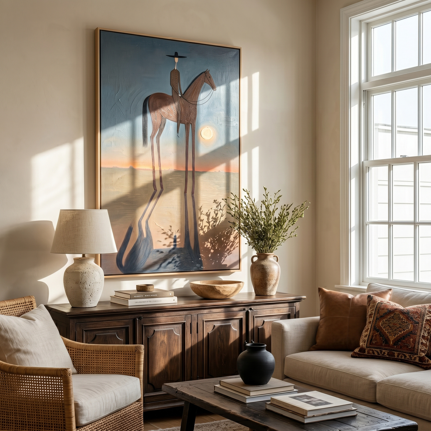 Ivory Vista – brown and blue modern western equestrian art, vertical hand-painted canvas art – view 2
