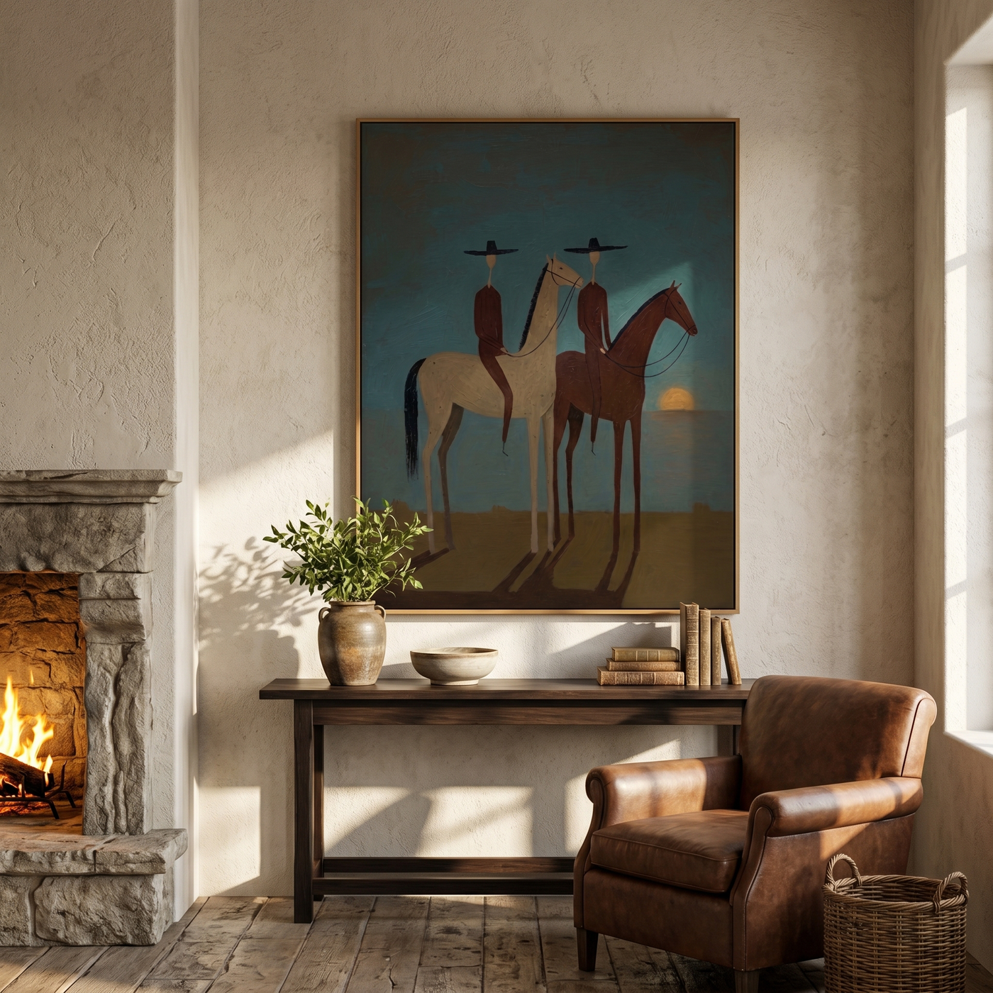 Midnight Drift – gray and brown and blue modern western equestrian art, vertical hand-painted canvas art – view 3