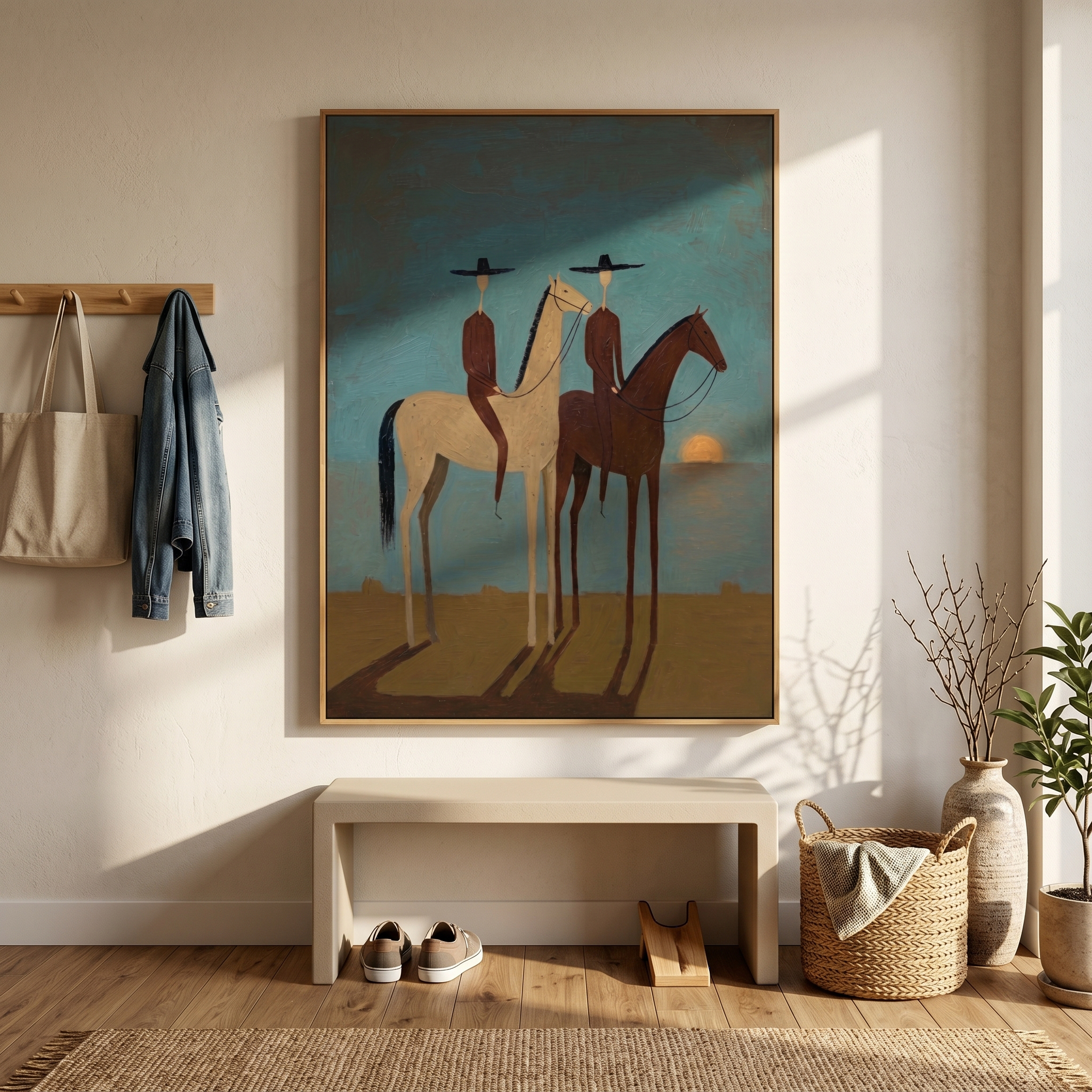 Midnight Drift – gray and brown and blue modern western equestrian art, vertical hand-painted canvas art – view 6