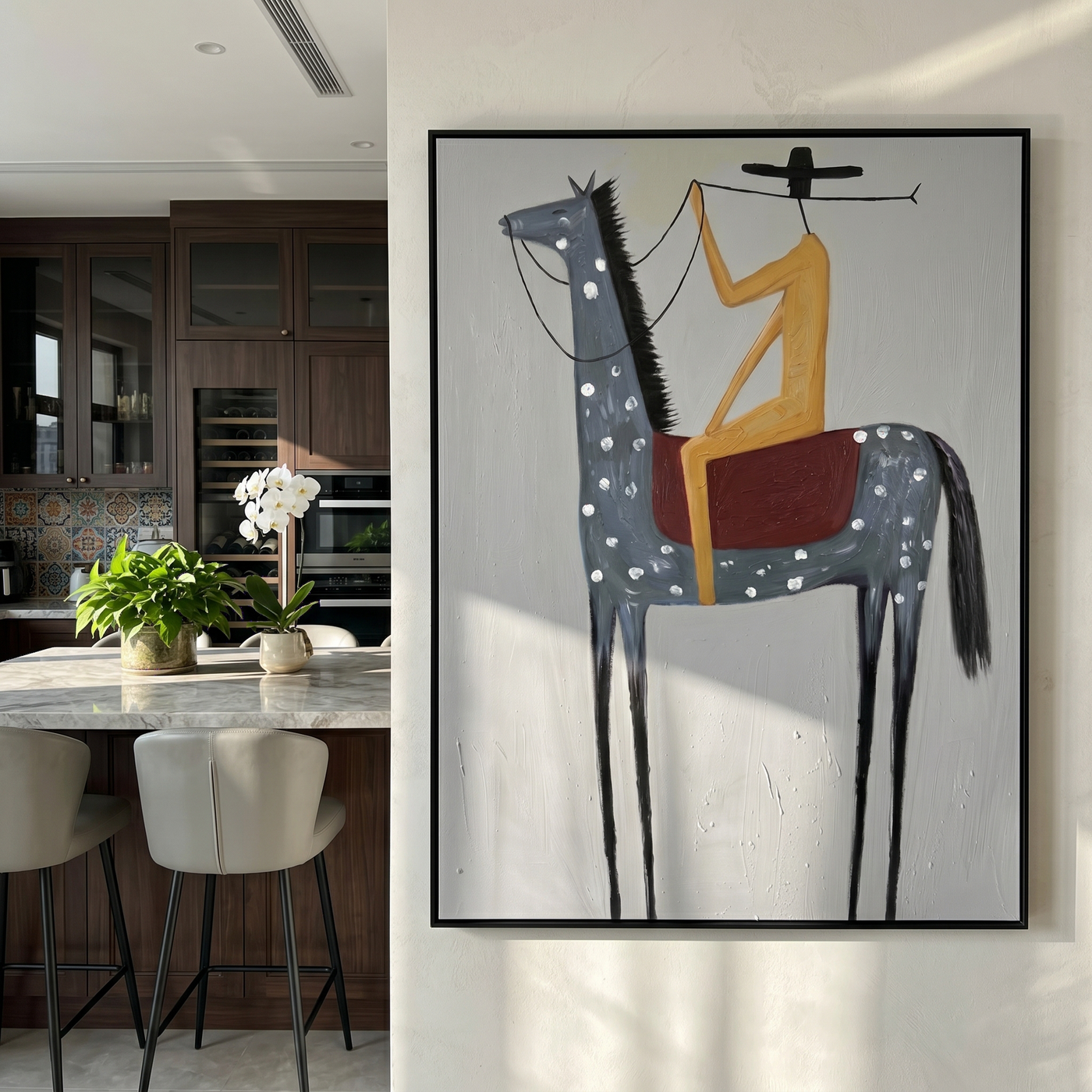 River Song – gray and blue modern western equestrian art, vertical hand-painted canvas art – view 2