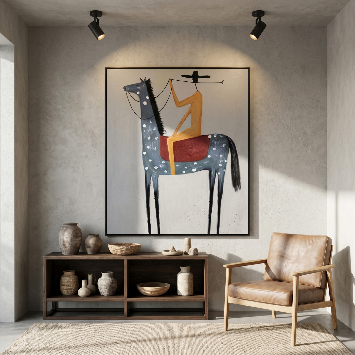 River Song – gray and blue modern western equestrian art, vertical hand-painted canvas art – view 4