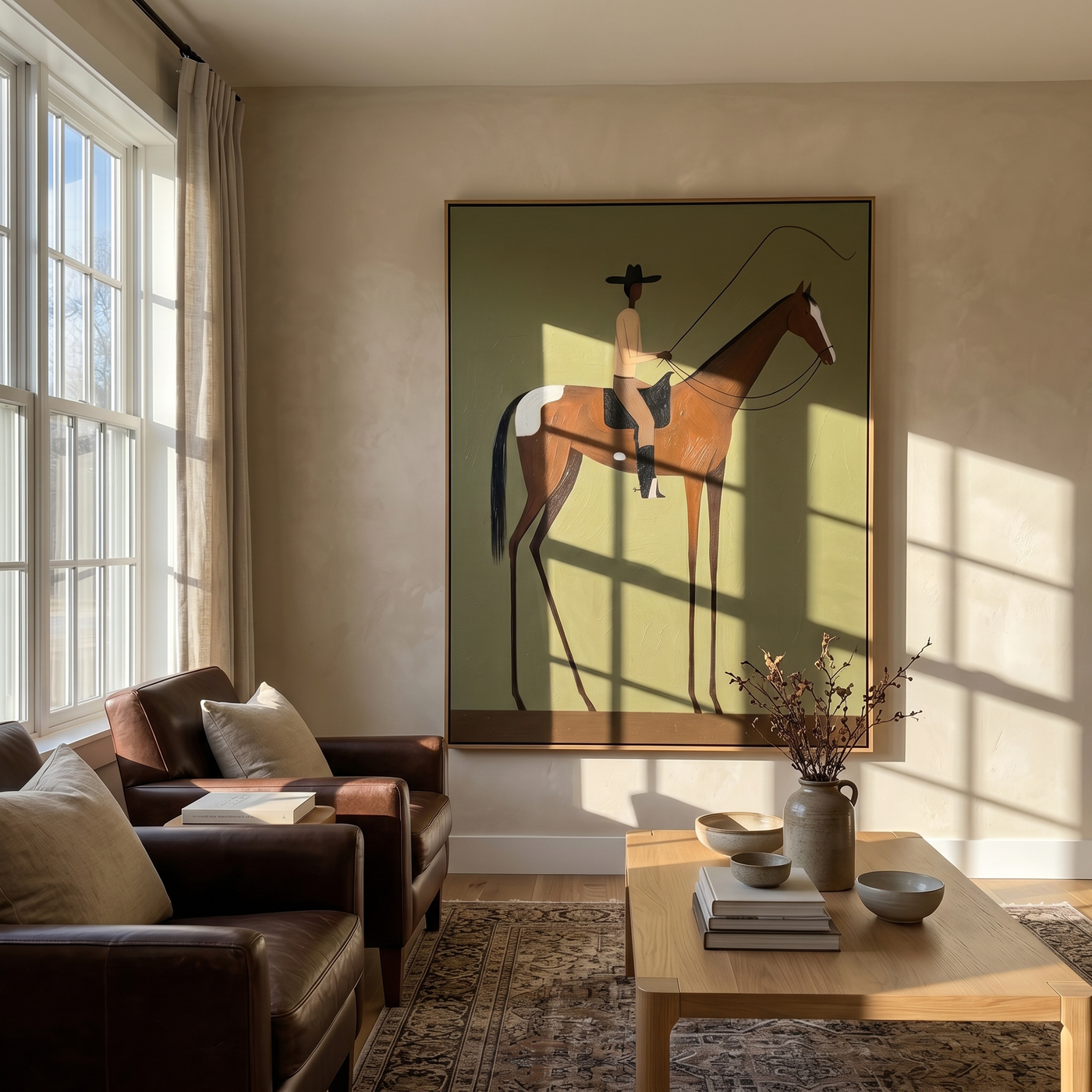 Winter Union – brown modern western equestrian art, vertical hand-painted canvas art – view 2