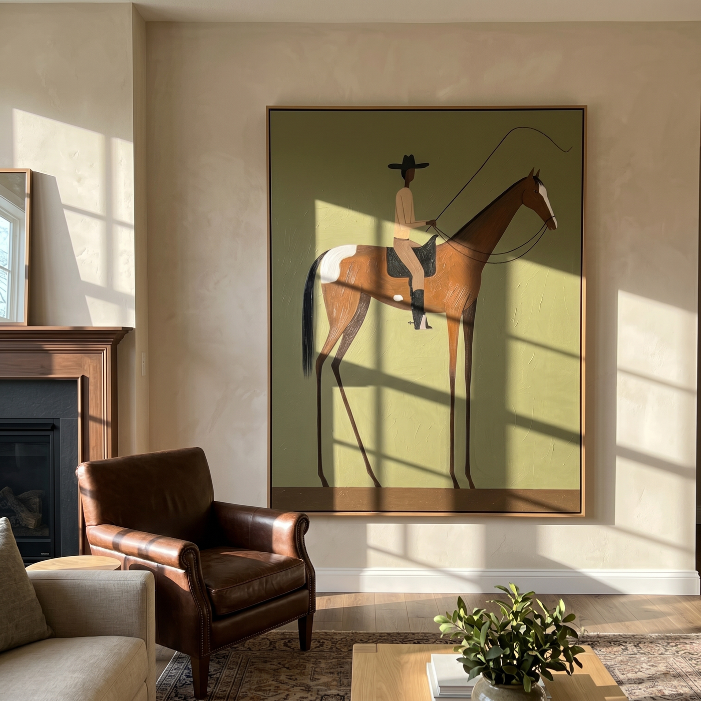 Winter Union – brown modern western equestrian art, vertical hand-painted canvas art – view 3