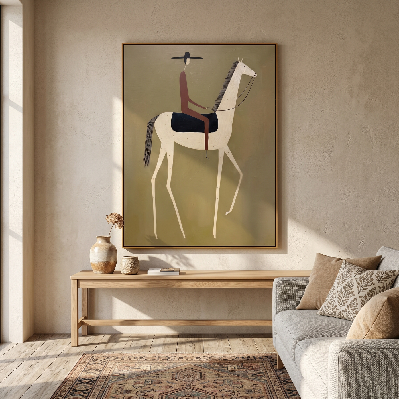 Blue Dance – brown and gold modern western equestrian art, vertical hand-painted canvas art – view 2