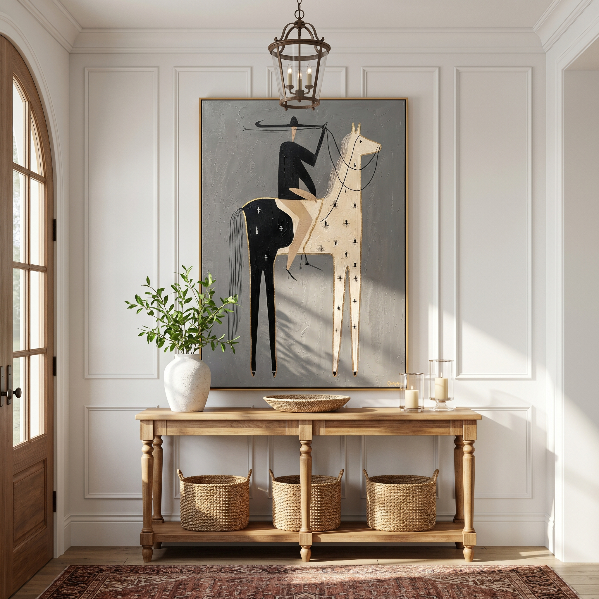 Morning Embrace – gray and brown modern western equestrian art, vertical hand-painted canvas art – view 2