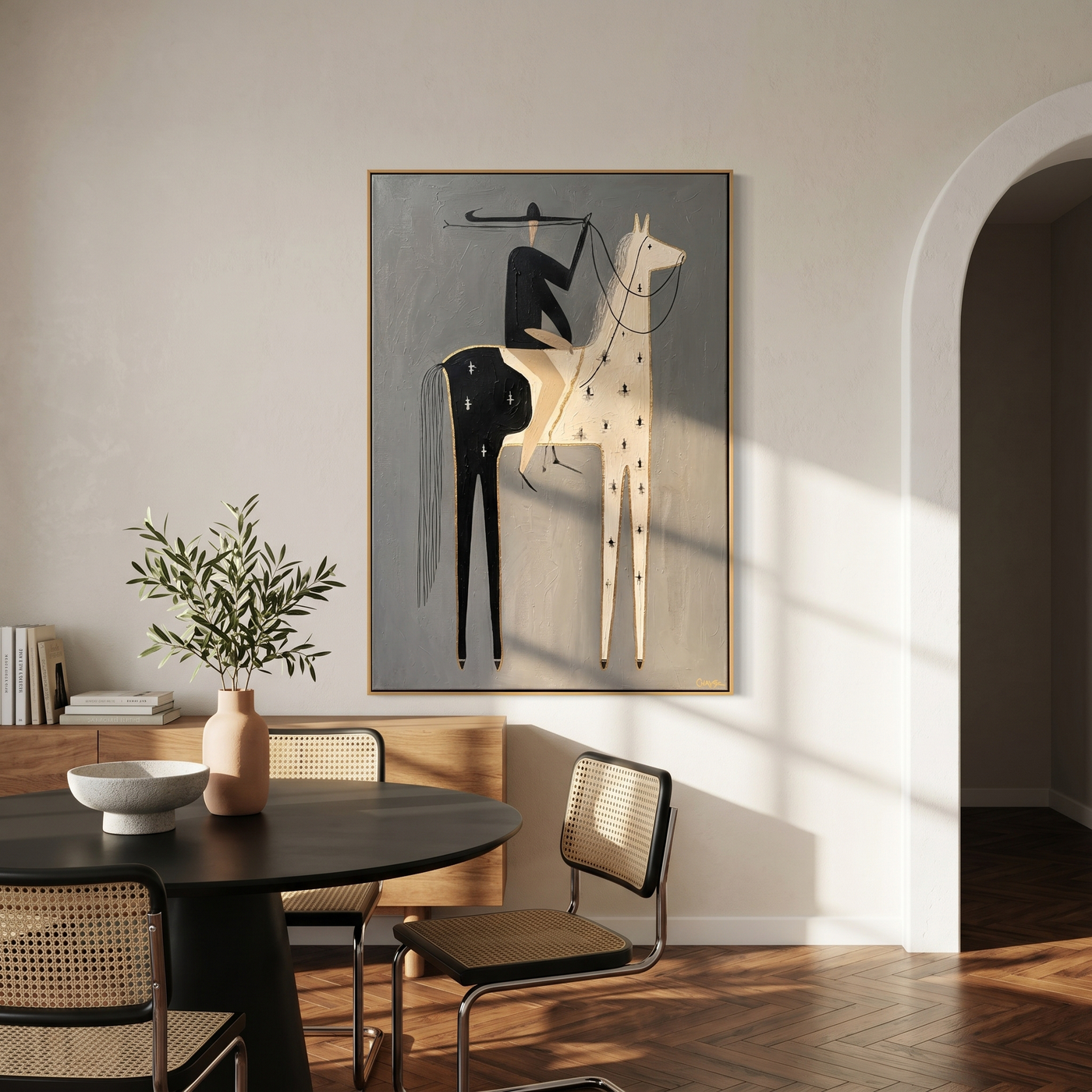 Morning Embrace – gray and brown modern western equestrian art, vertical hand-painted canvas art – view 3