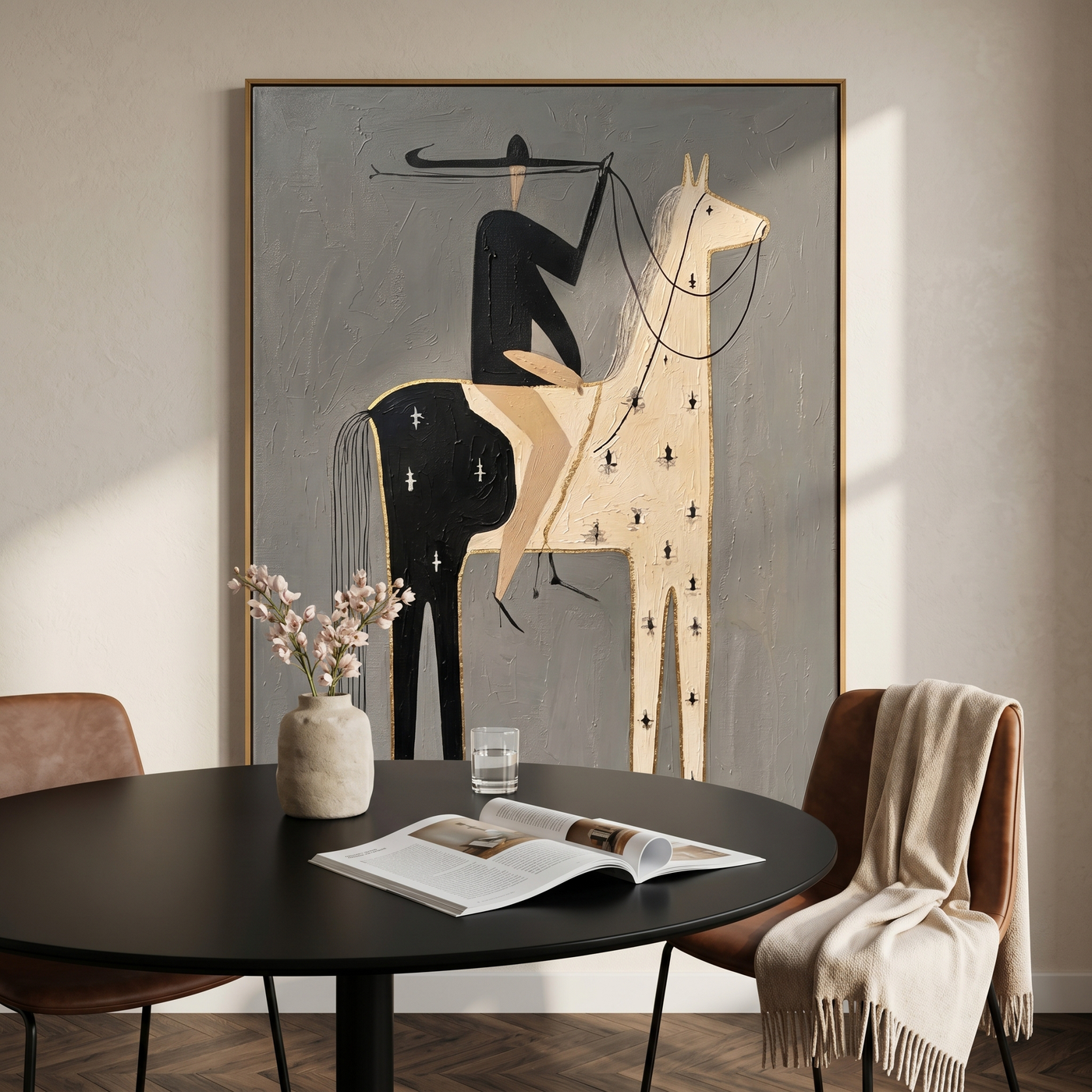 Morning Embrace – gray and brown modern western equestrian art, vertical hand-painted canvas art – view 4
