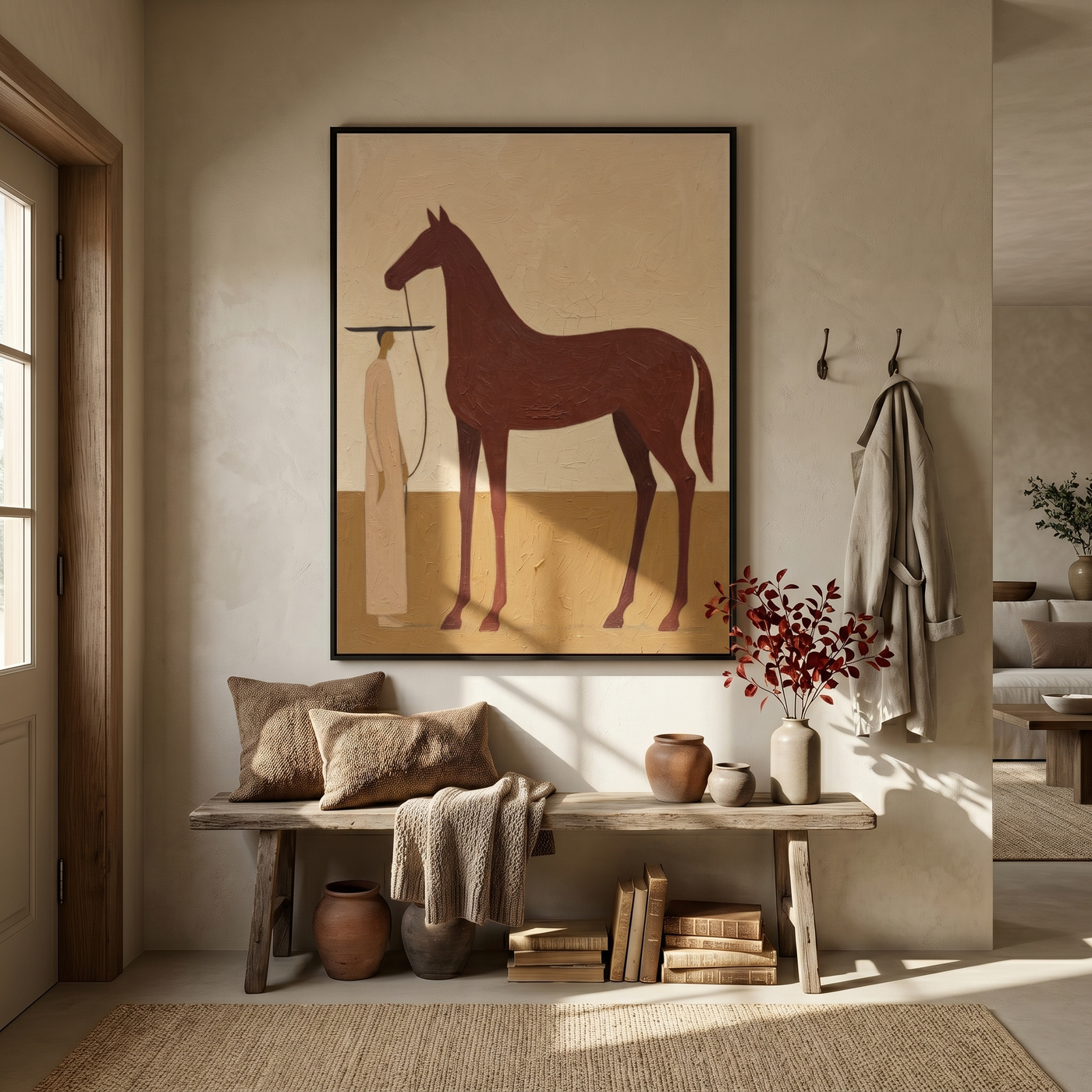 Soft Crossing – brown and gold modern western equestrian art, vertical hand-painted canvas art – view 2