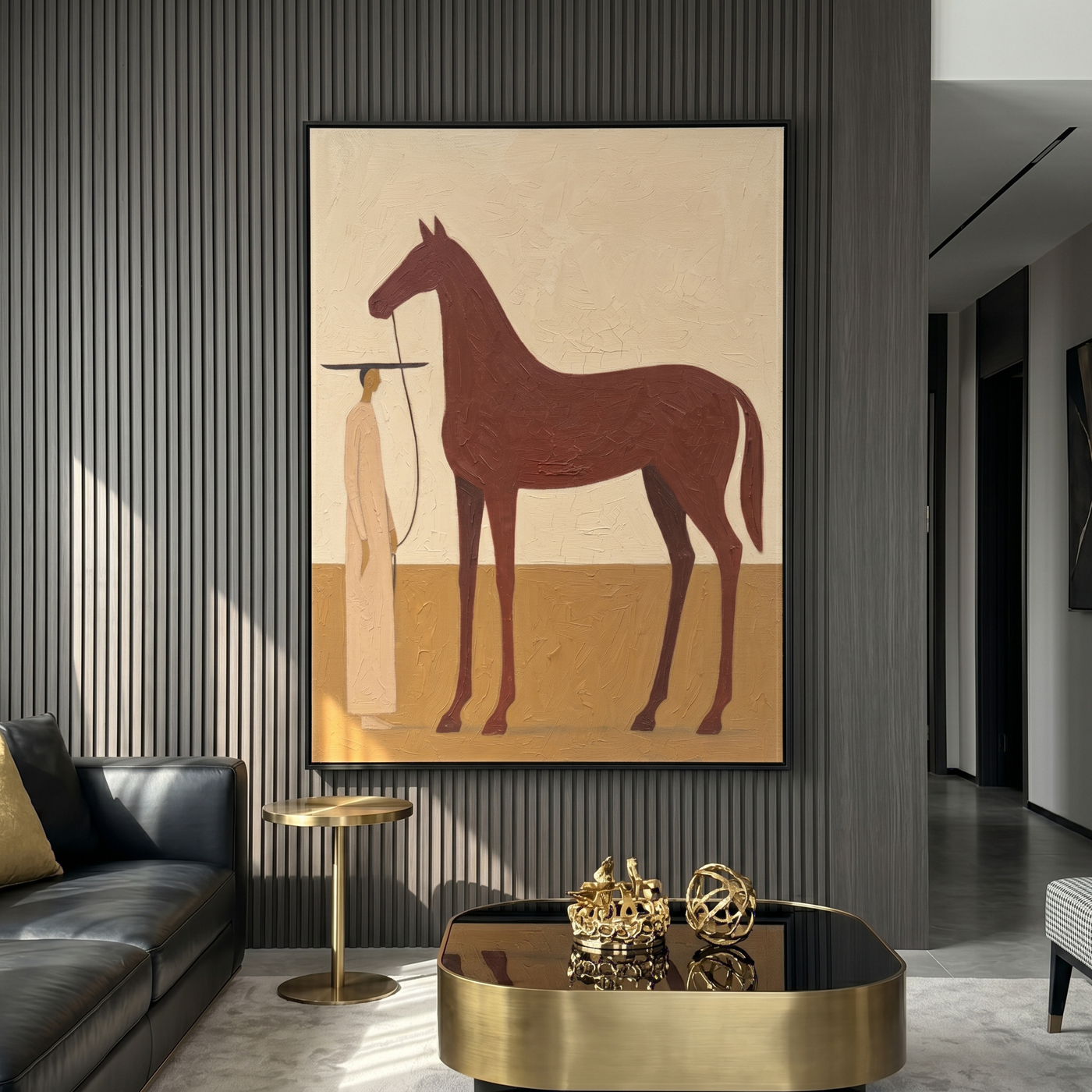 Soft Crossing – brown and gold modern western equestrian art, vertical hand-painted canvas art – view 4