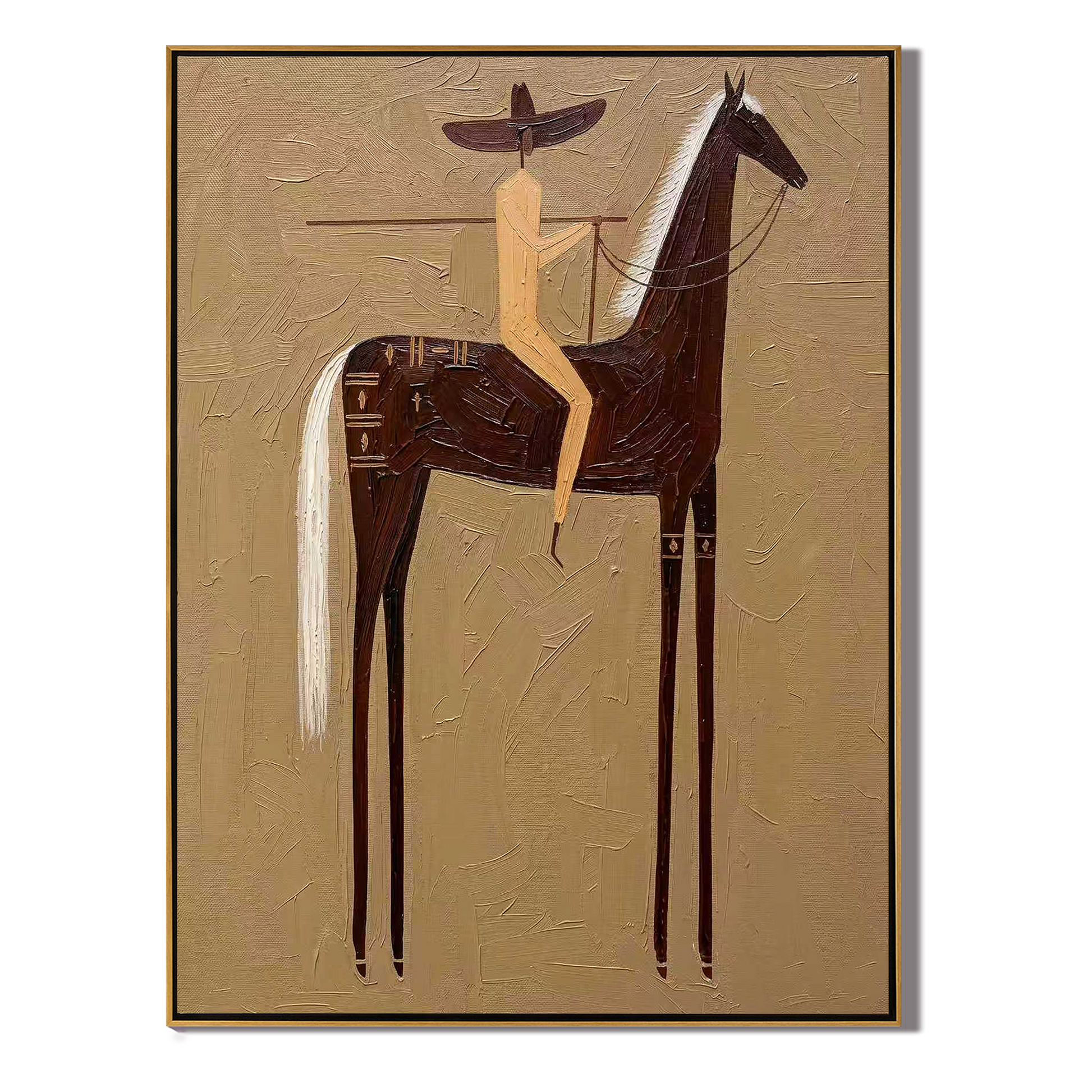 Hidden Story – gold and brown modern western equestrian art, vertical hand-painted canvas art – view 1