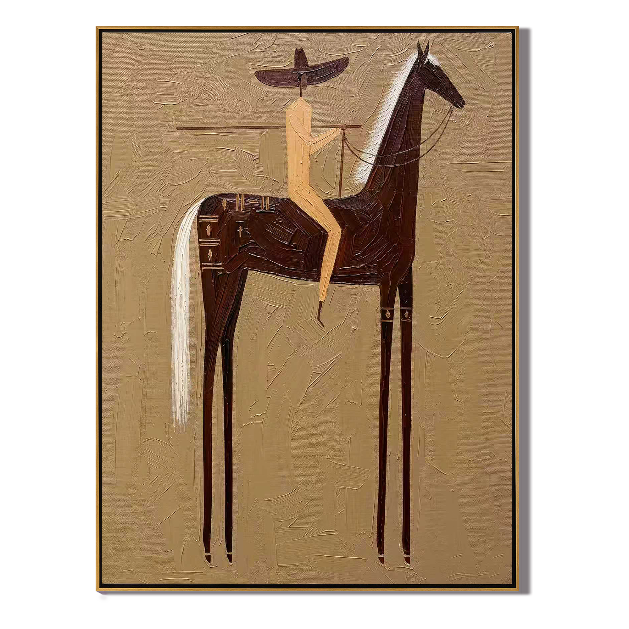 Hidden Story – gold and brown modern western equestrian art, vertical hand-painted canvas art – view 1