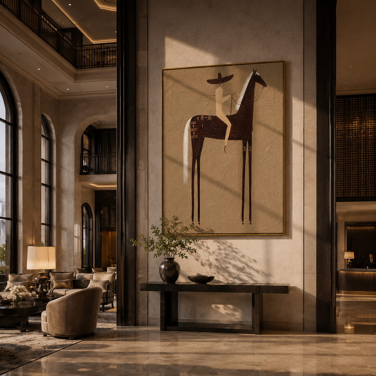 Hidden Story – gold and brown modern western equestrian art, vertical hand-painted canvas art – view 2