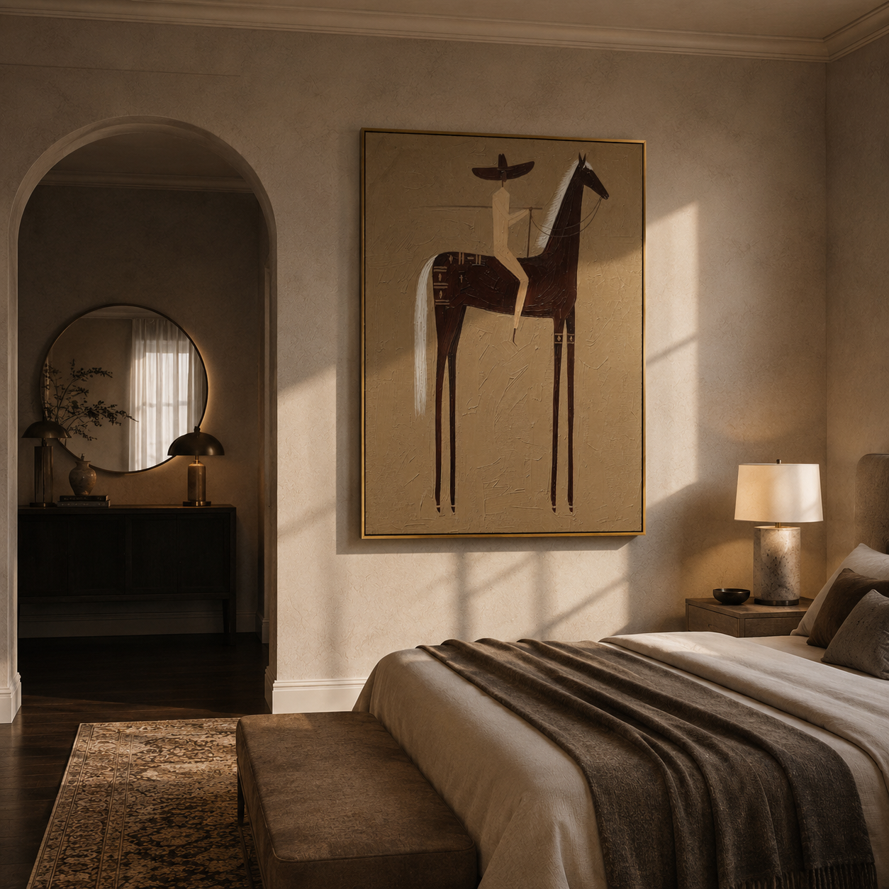 Hidden Story – gold and brown modern western equestrian art, vertical hand-painted canvas art – view 5