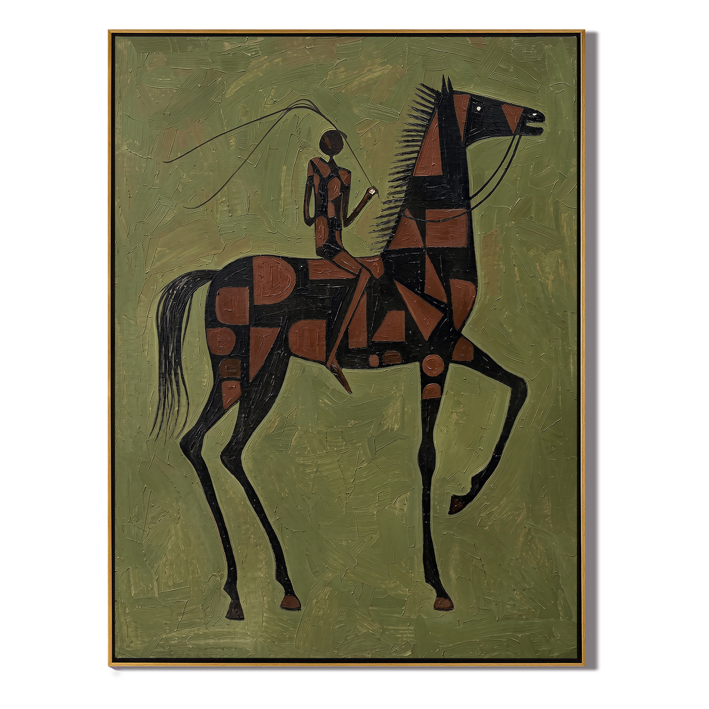 Meadow Chorus – green and gray modern western equestrian art, vertical hand-painted canvas art – view 1