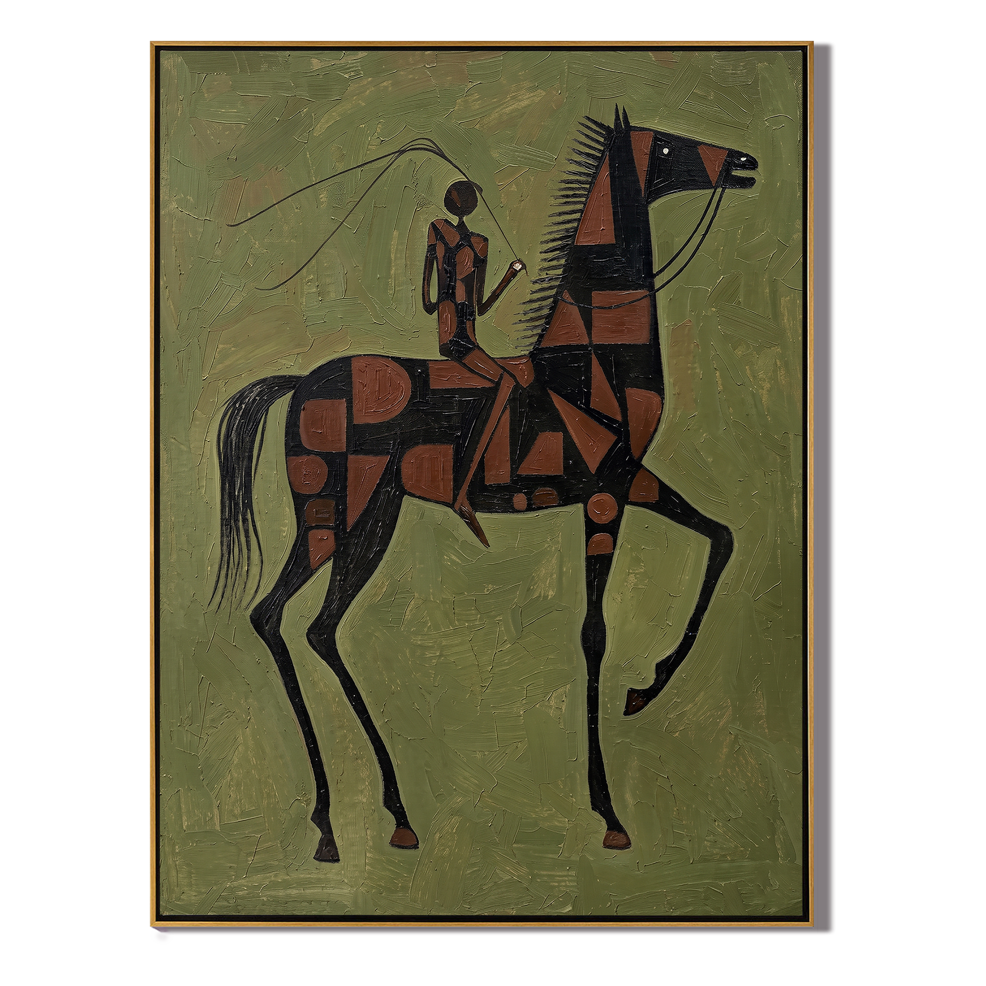 Meadow Chorus – green and gray modern western equestrian art, vertical hand-painted canvas art – view 1