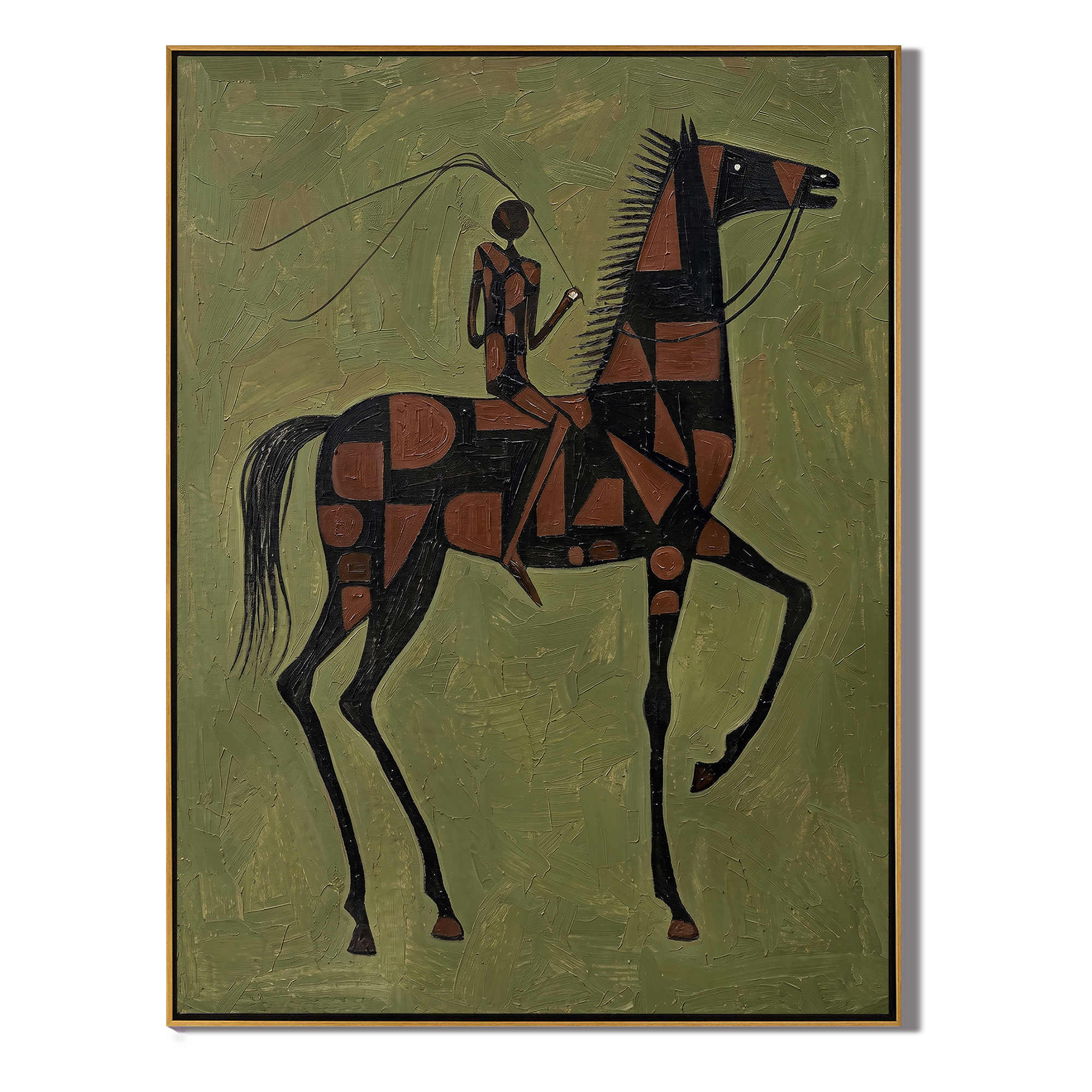 Meadow Chorus – green and gray modern western equestrian art, vertical hand-painted canvas art – view 1