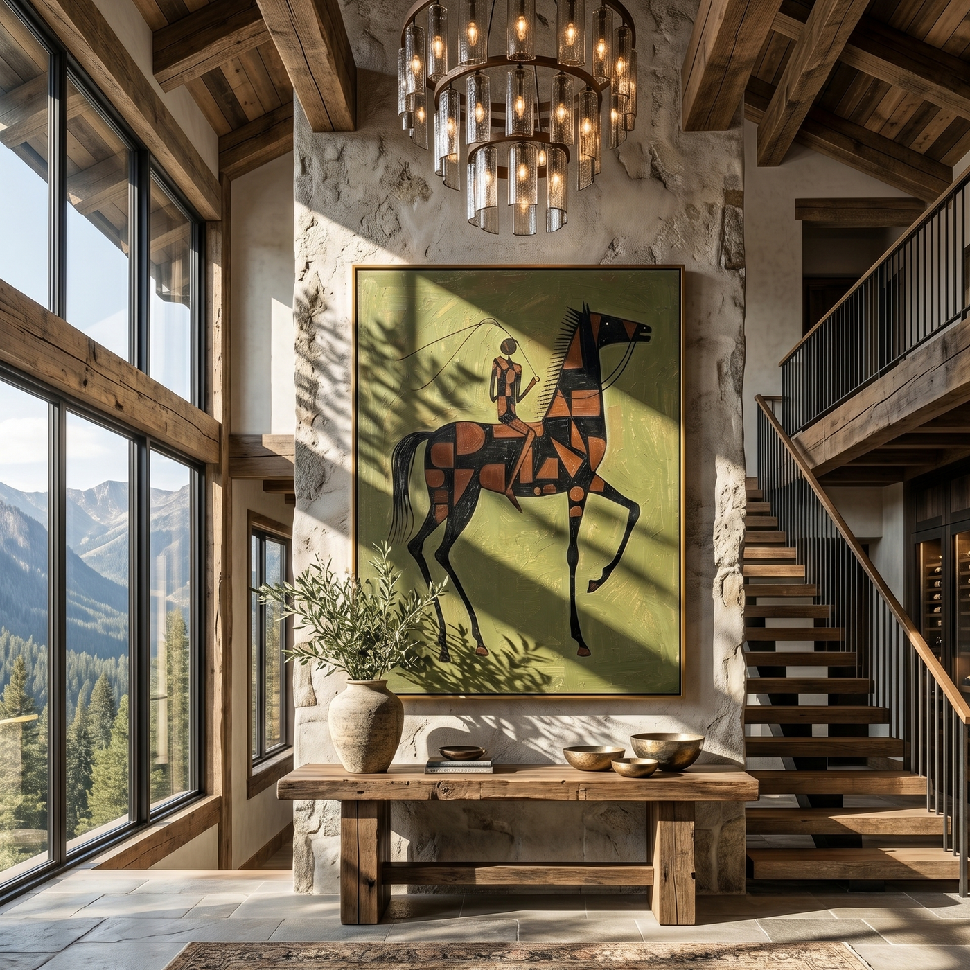 Meadow Chorus – green and gray modern western equestrian art, vertical hand-painted canvas art – view 2