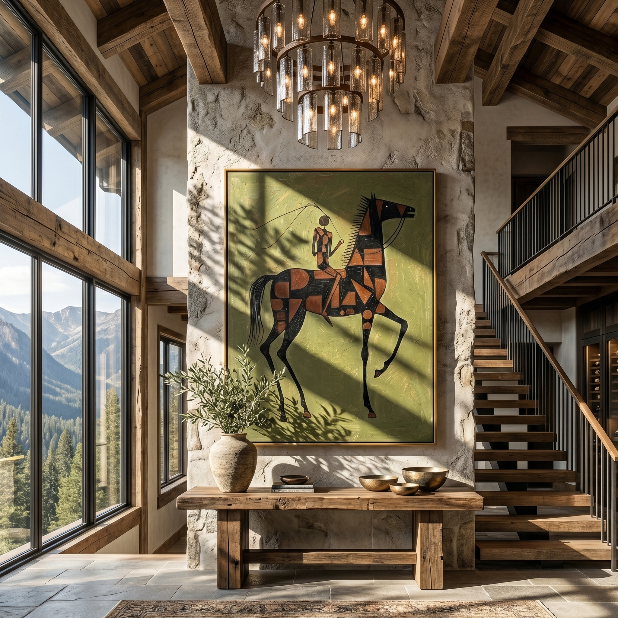 Meadow Chorus – green and gray modern western equestrian art, vertical hand-painted canvas art – view 2