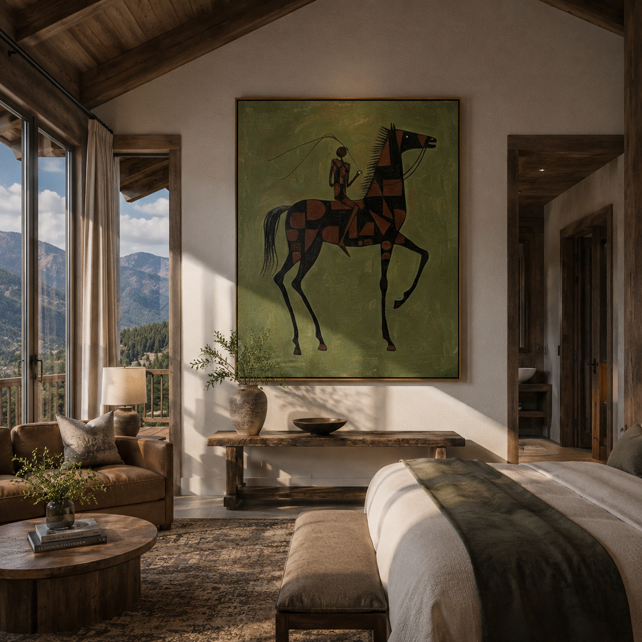 Meadow Chorus – green and gray modern western equestrian art, vertical hand-painted canvas art – view 3