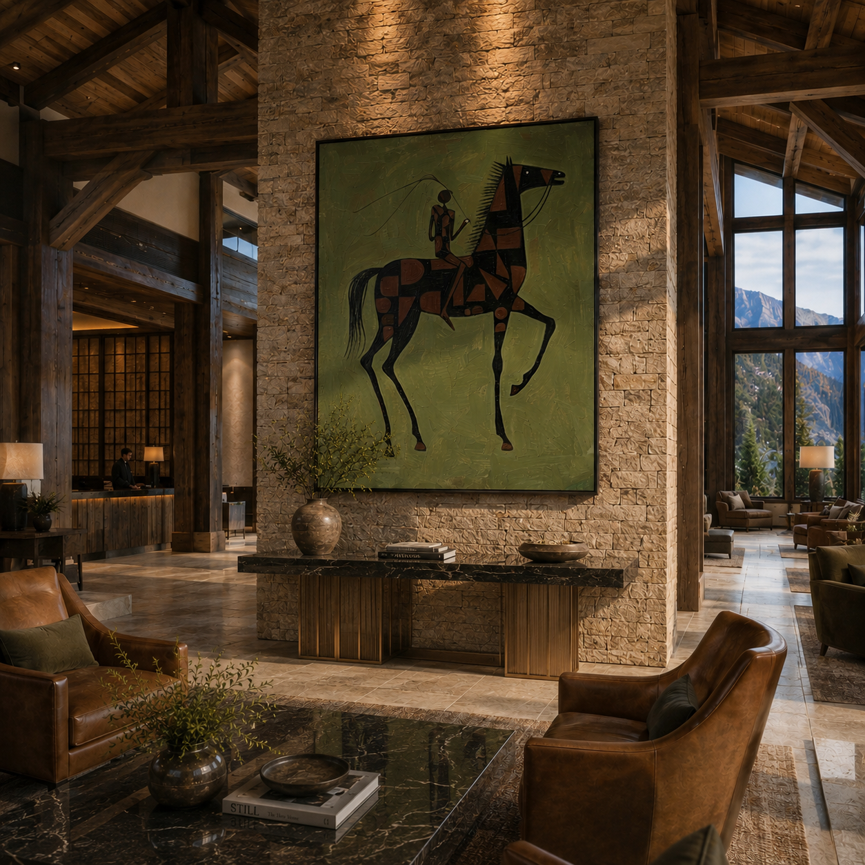 Meadow Chorus – green and gray modern western equestrian art, vertical hand-painted canvas art – view 4