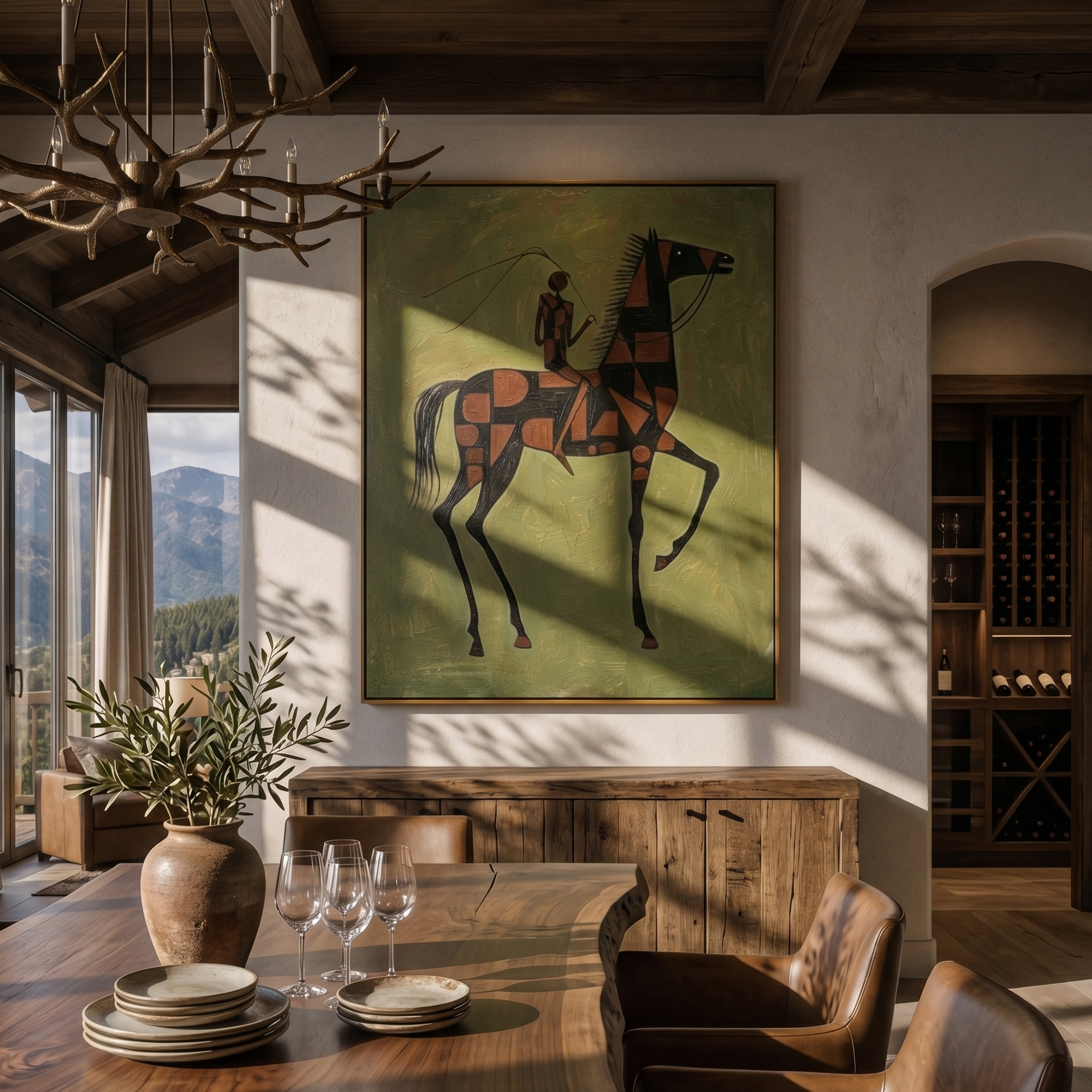 Meadow Chorus – green and gray modern western equestrian art, vertical hand-painted canvas art – view 6