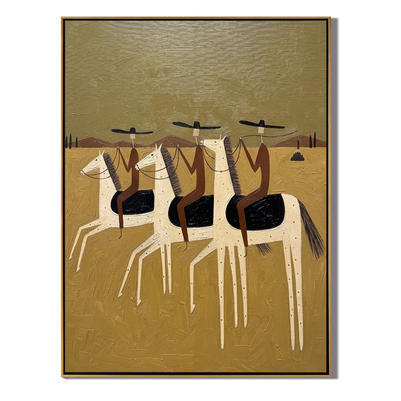 Four Riders Enter Gold – gold and brown modern western equestrian art, vertical hand-painted canvas art – view 1