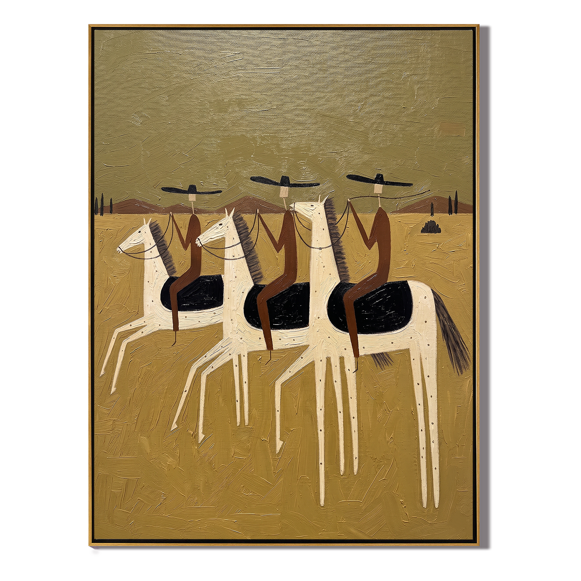 Four Riders Enter Gold – gold and brown modern western equestrian art, vertical hand-painted canvas art – view 1