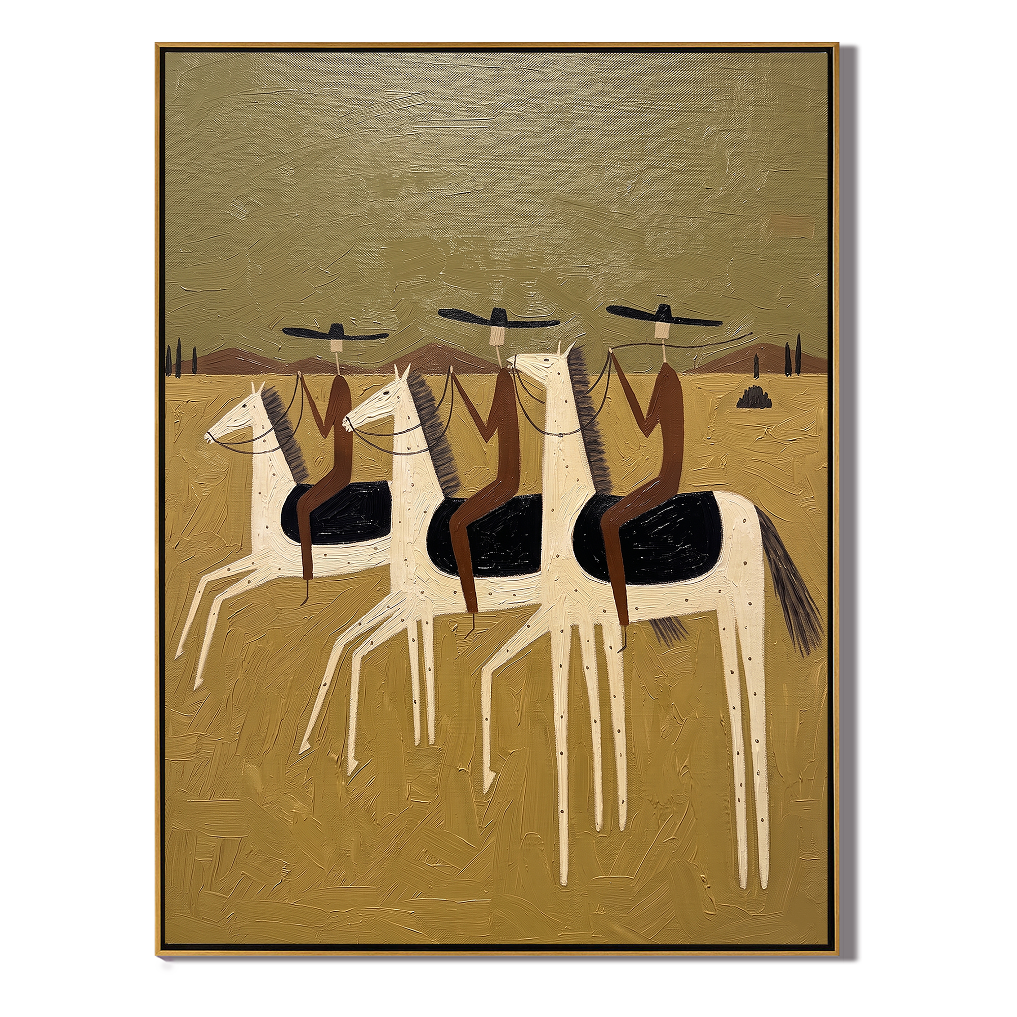 Four Riders Enter Gold – gold and brown modern western equestrian art, vertical hand-painted canvas art – view 1