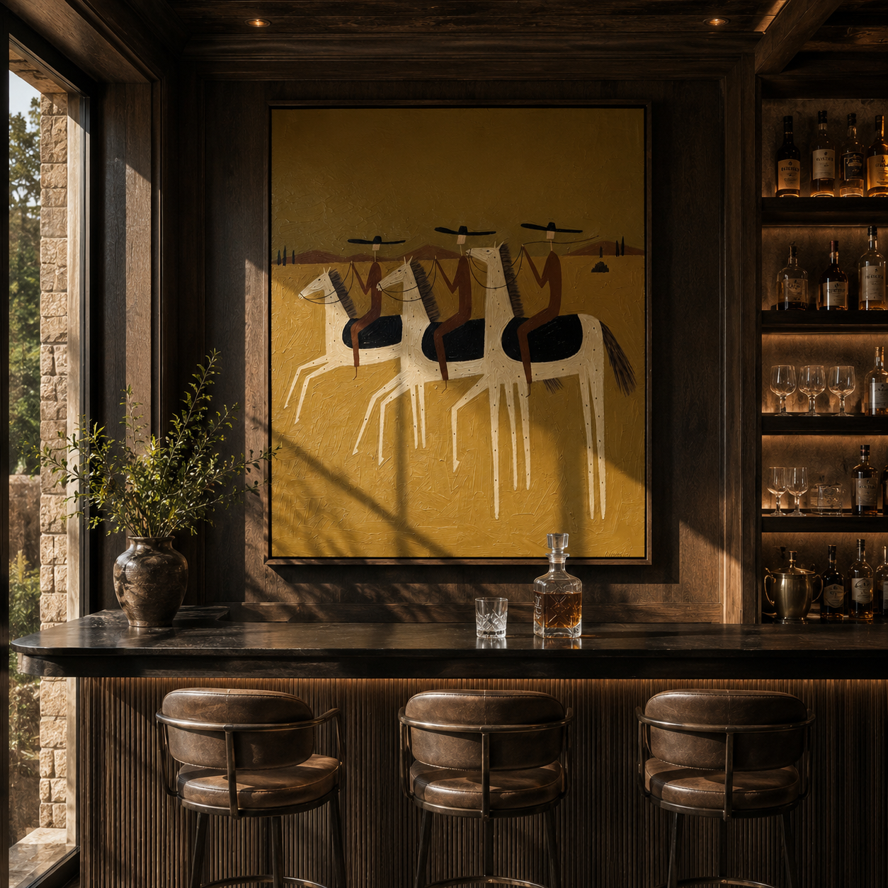 Four Riders Enter Gold – gold and brown modern western equestrian art, vertical hand-painted canvas art – view 2