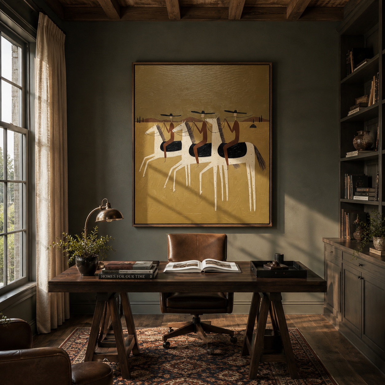 Four Riders Enter Gold – gold and brown modern western equestrian art, vertical hand-painted canvas art – view 3