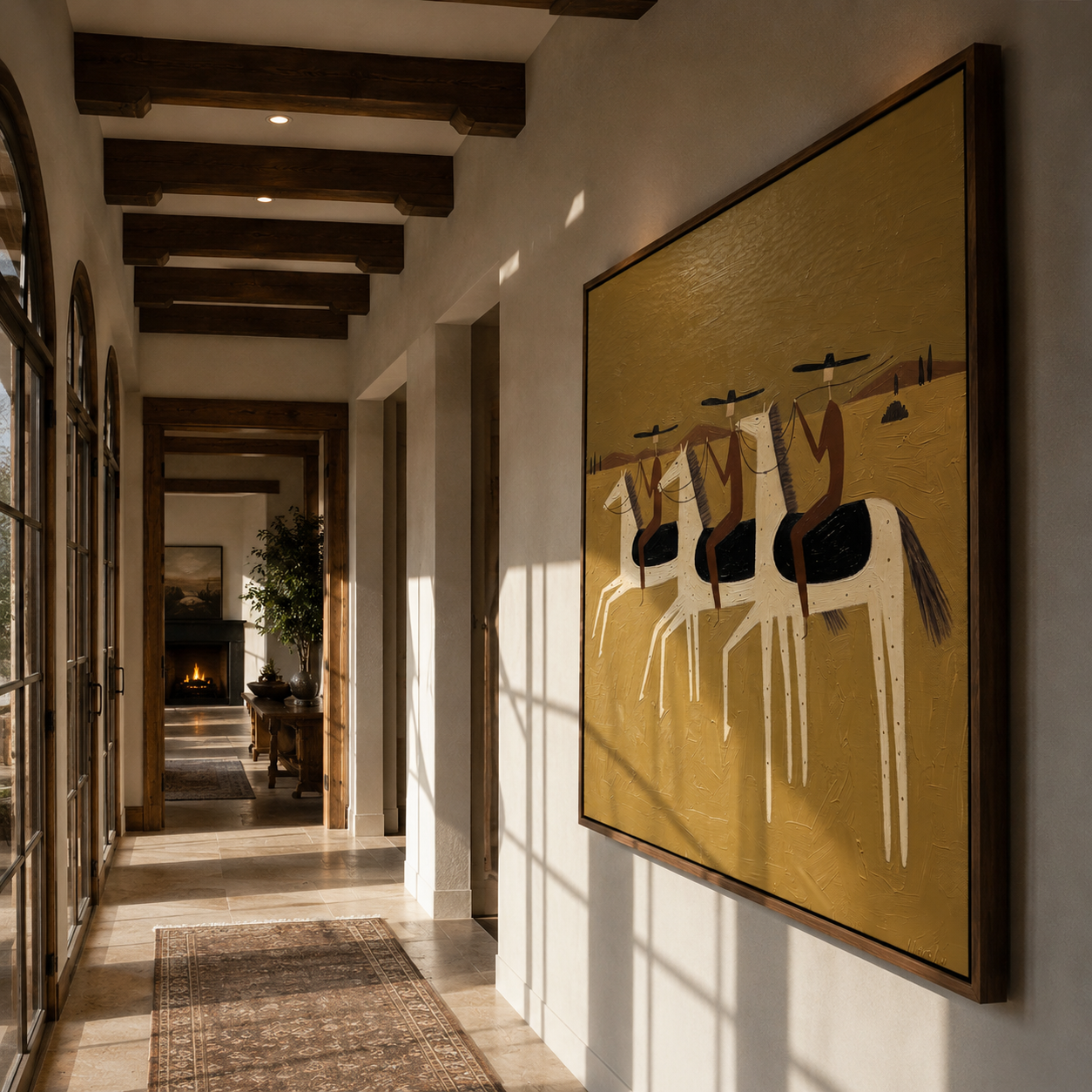 Four Riders Enter Gold – gold and brown modern western equestrian art, vertical hand-painted canvas art – view 5